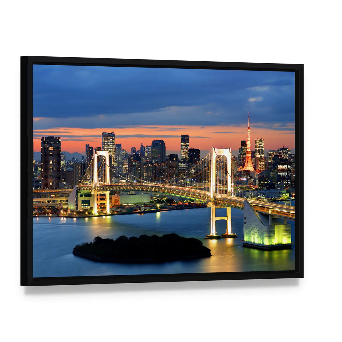 Rainbow Bridge and Tokyo Tower at Night Canvas Wall Art, framed canvas in a black floater frame, angled product view
