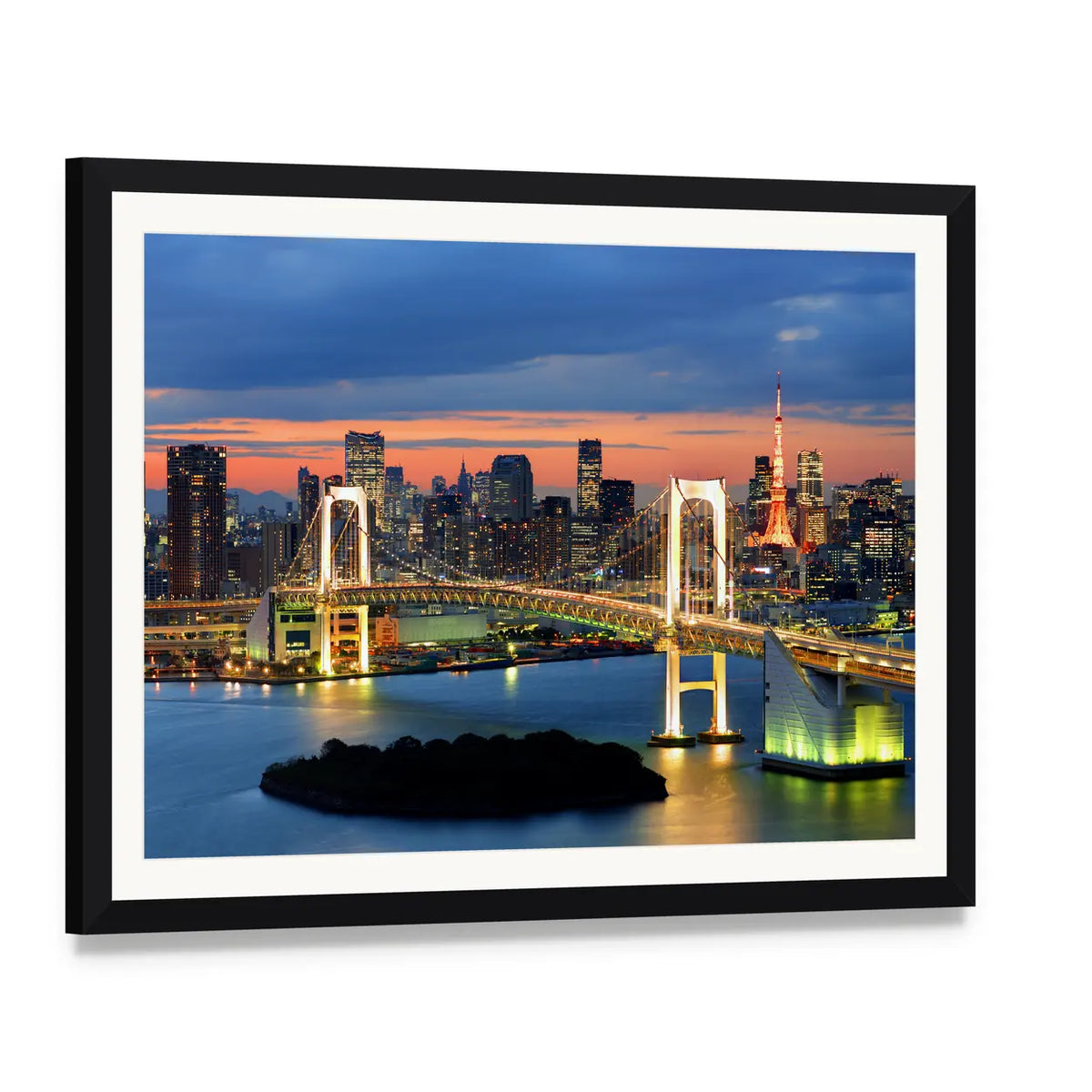 Rainbow Bridge and Tokyo Tower at Night Canvas Wall Art, framed print with white mat and black frame, angled product view