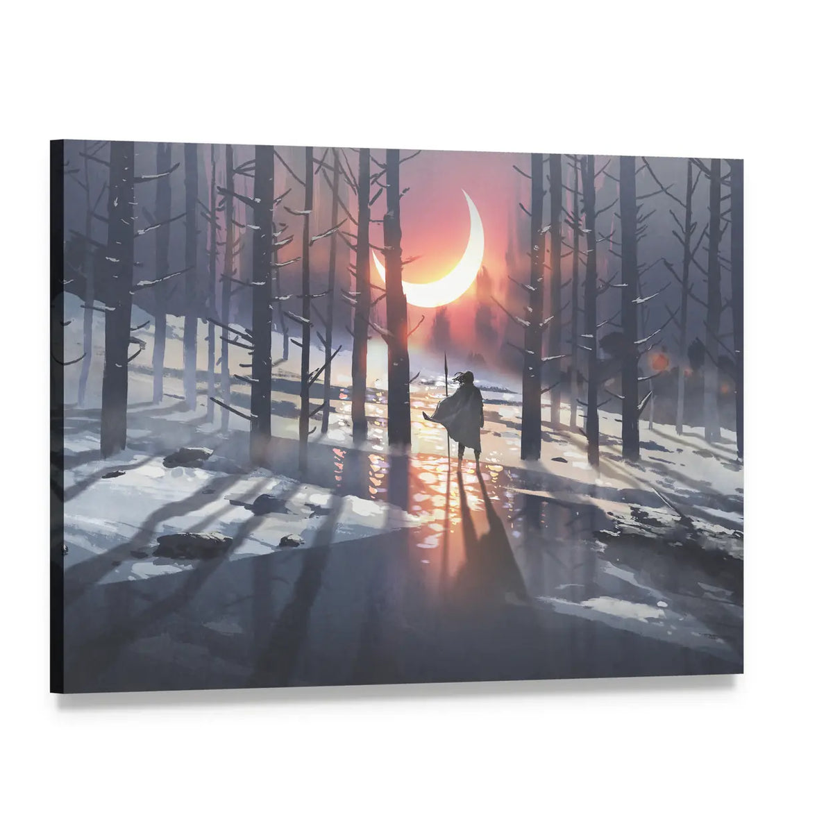 Cloaked Figure in Winter Forest Canvas Wall Art, single panel gallery wrapped canvas, angled product view