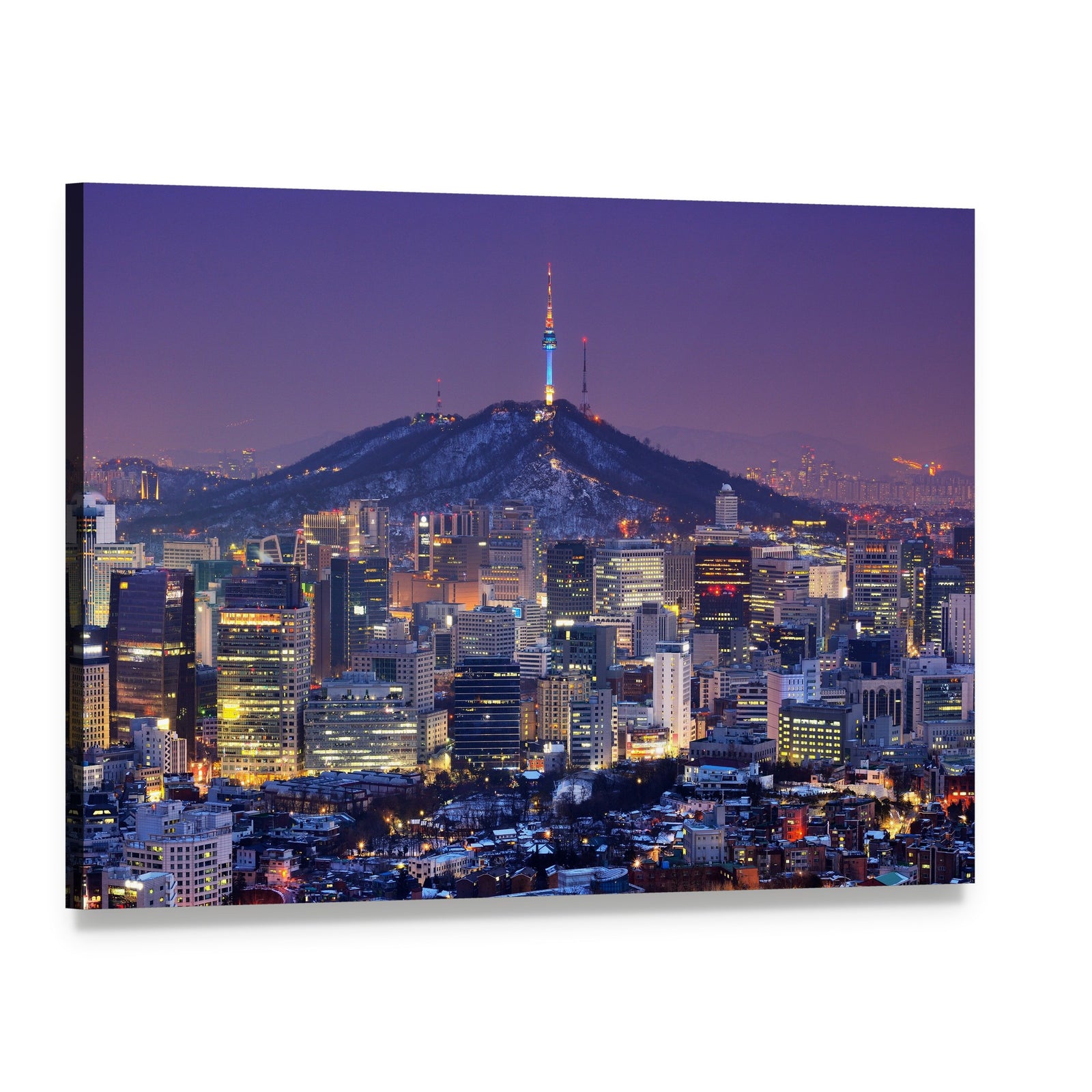 Illuminated Seoul Skyline at Night Canvas Wall Art, single panel gallery wrapped canvas, angled product view