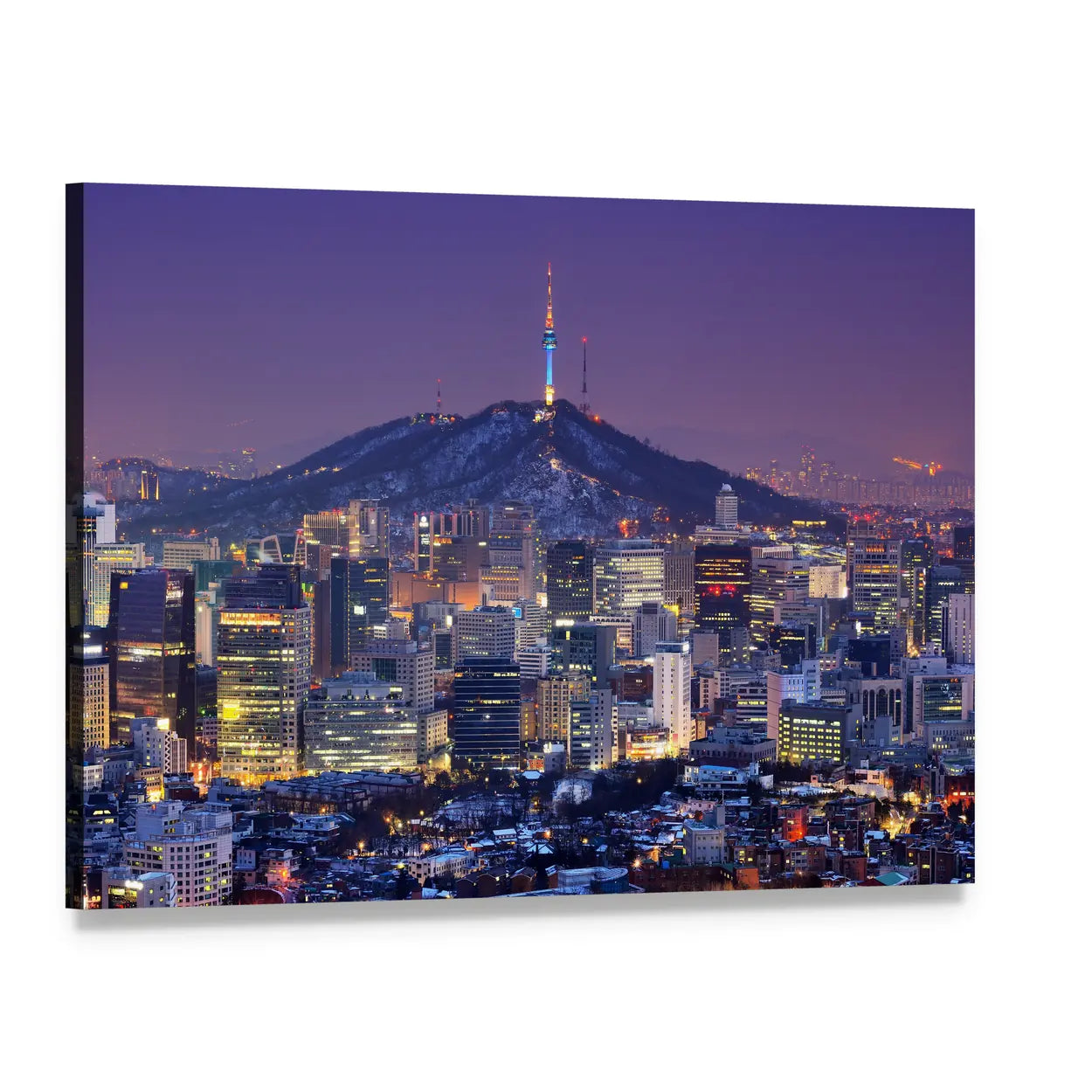 Seoul Skyline at Twilight with N Seoul Tower Canvas Wall Art, single panel gallery wrapped canvas, angled product view