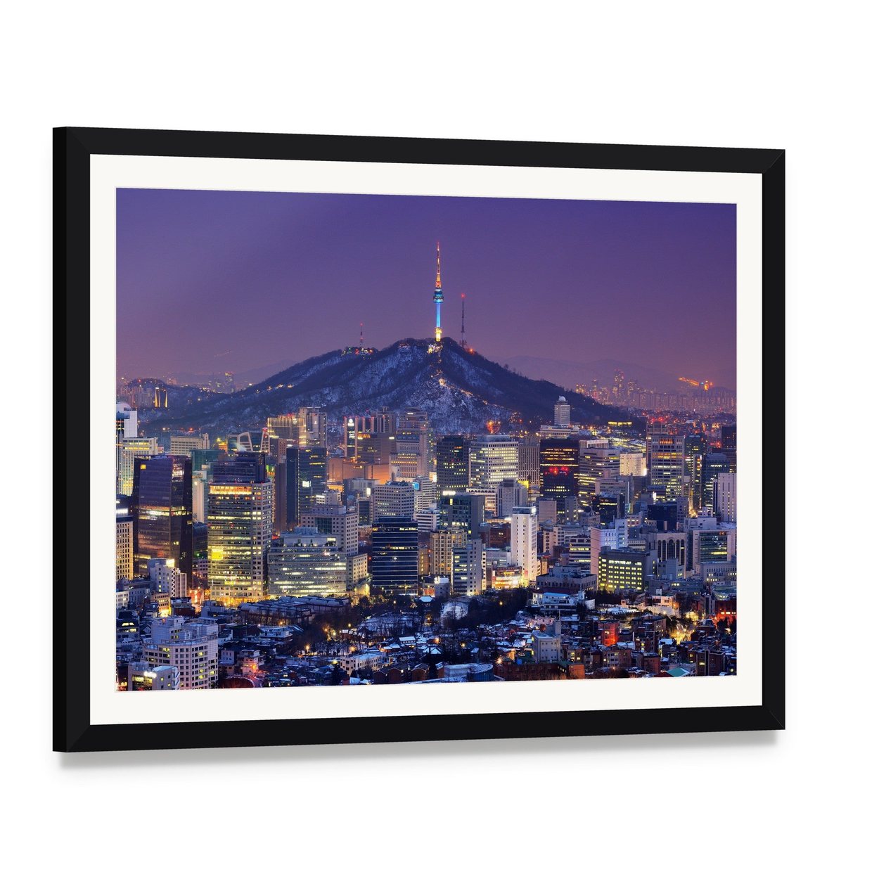 Illuminated Seoul Skyline at Night Canvas Wall Art, framed print with white mat and black frame, angled product view