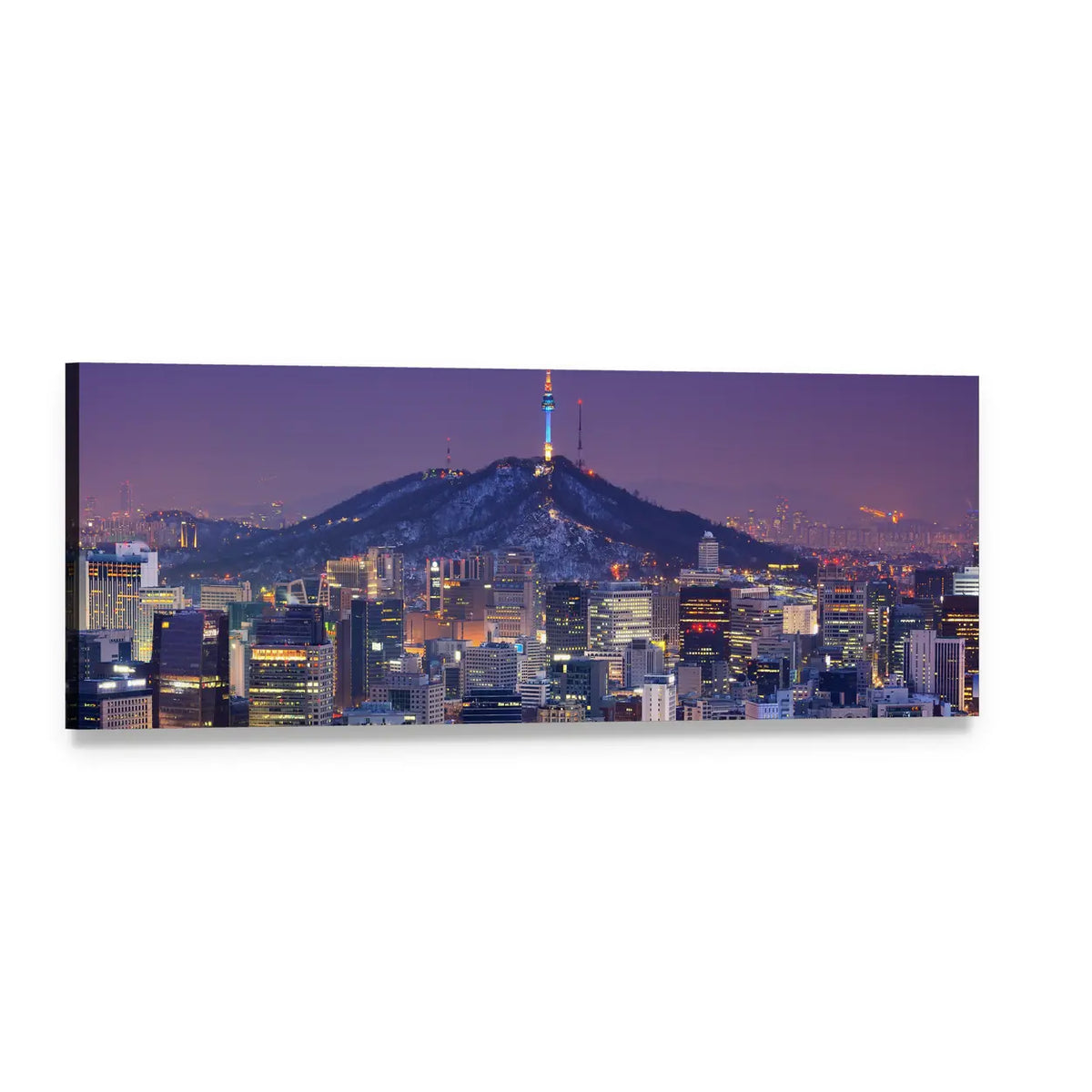 Seoul Skyline with Namsan Tower at Night Panoramic Canvas Wall Art, single panel gallery wrapped canvas, angled product view