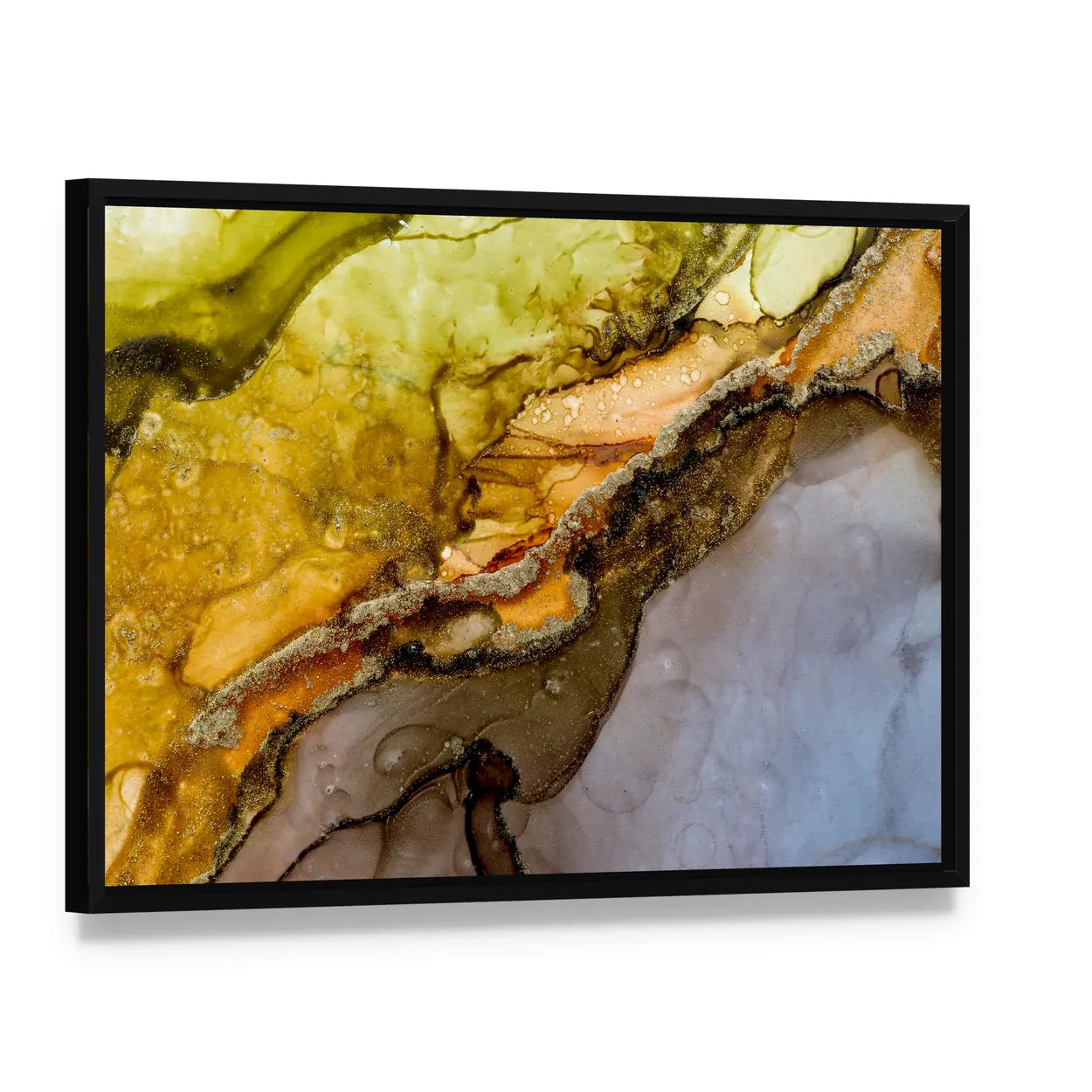 Alcohol Ink Abstract with Gold Veins Canvas Wall Art, framed canvas in a black floater frame, angled product view