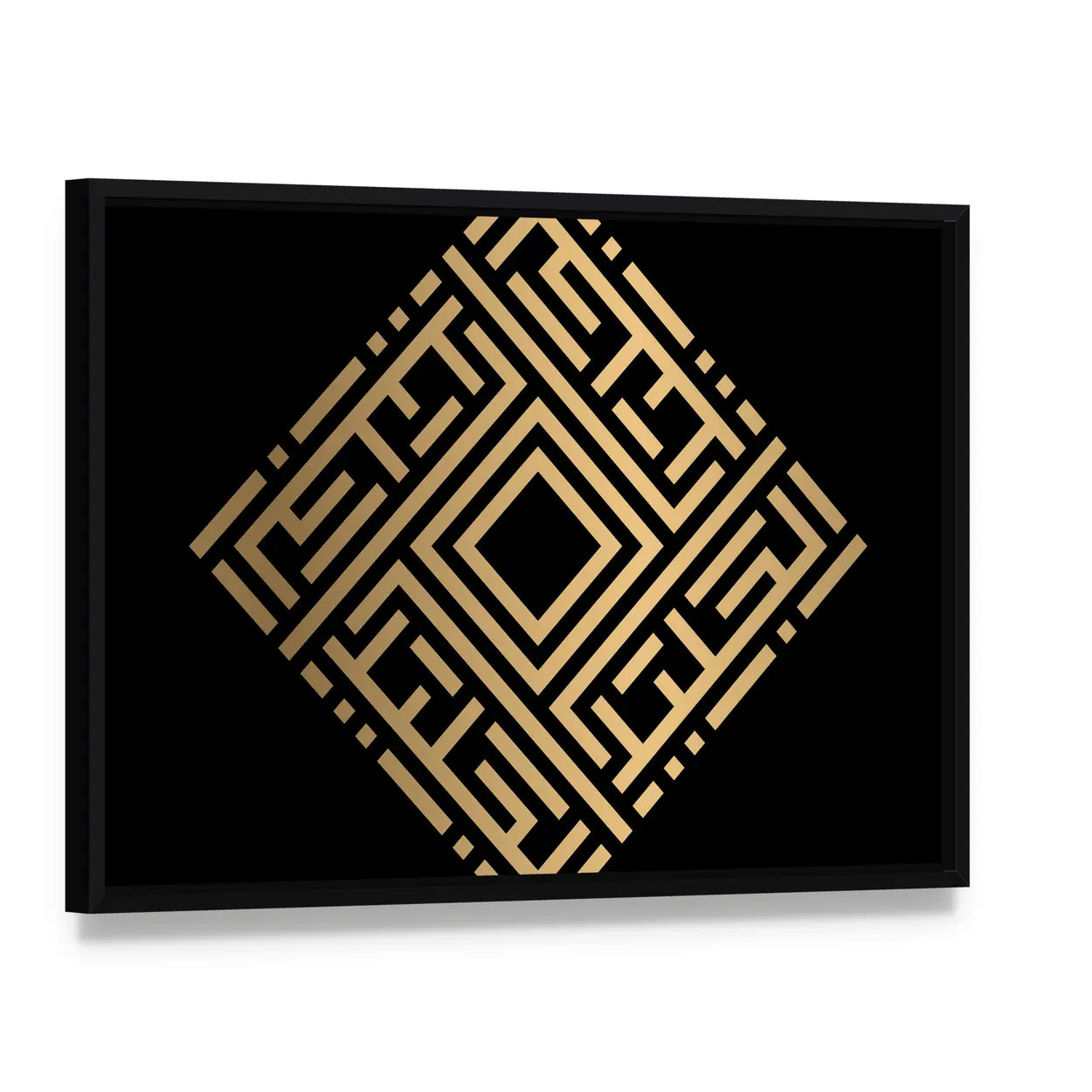 Al-jaliil Square Kufic Calligraphy Canvas Wall Art, framed canvas in a black floater frame, angled product view