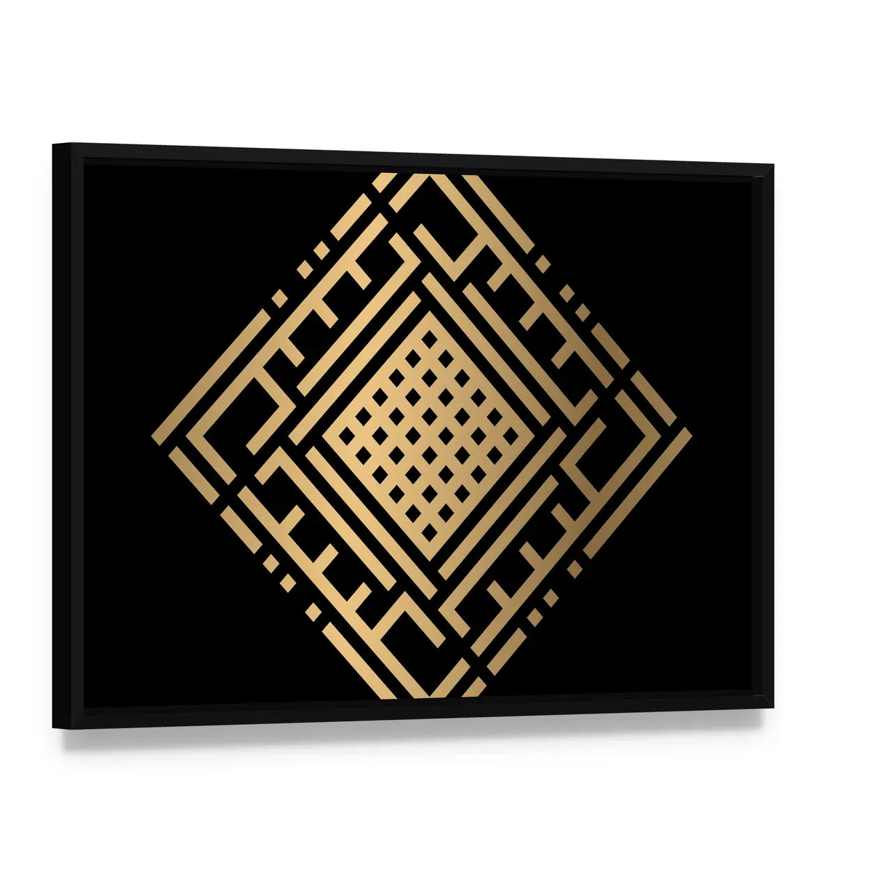 Al-kabiir Islamic Gold Calligraphy Canvas Wall Art, framed canvas in a black floater frame, angled product view