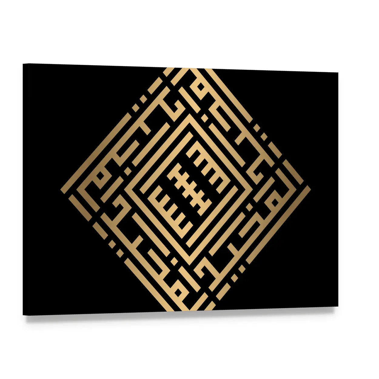 Al-majiid Kufic Calligraphy in Gold Canvas Wall Art, single panel gallery wrapped canvas, angled product view