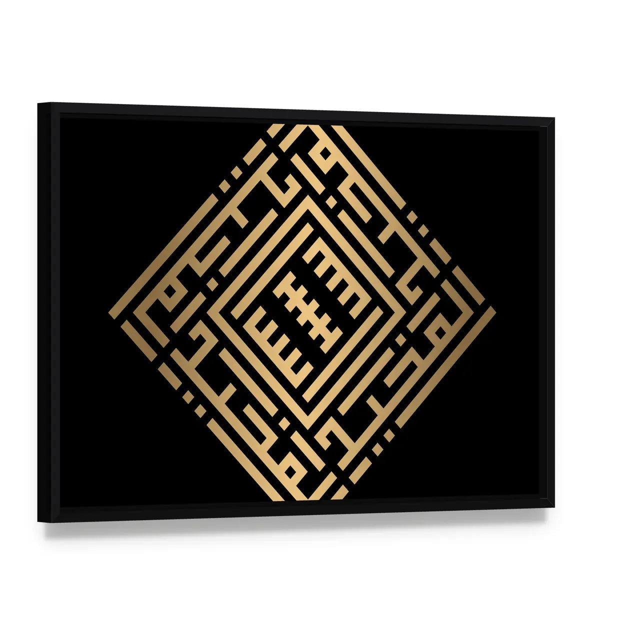 Al-majiid Kufic Calligraphy in Gold Canvas Wall Art, framed canvas in a black floater frame, angled product view