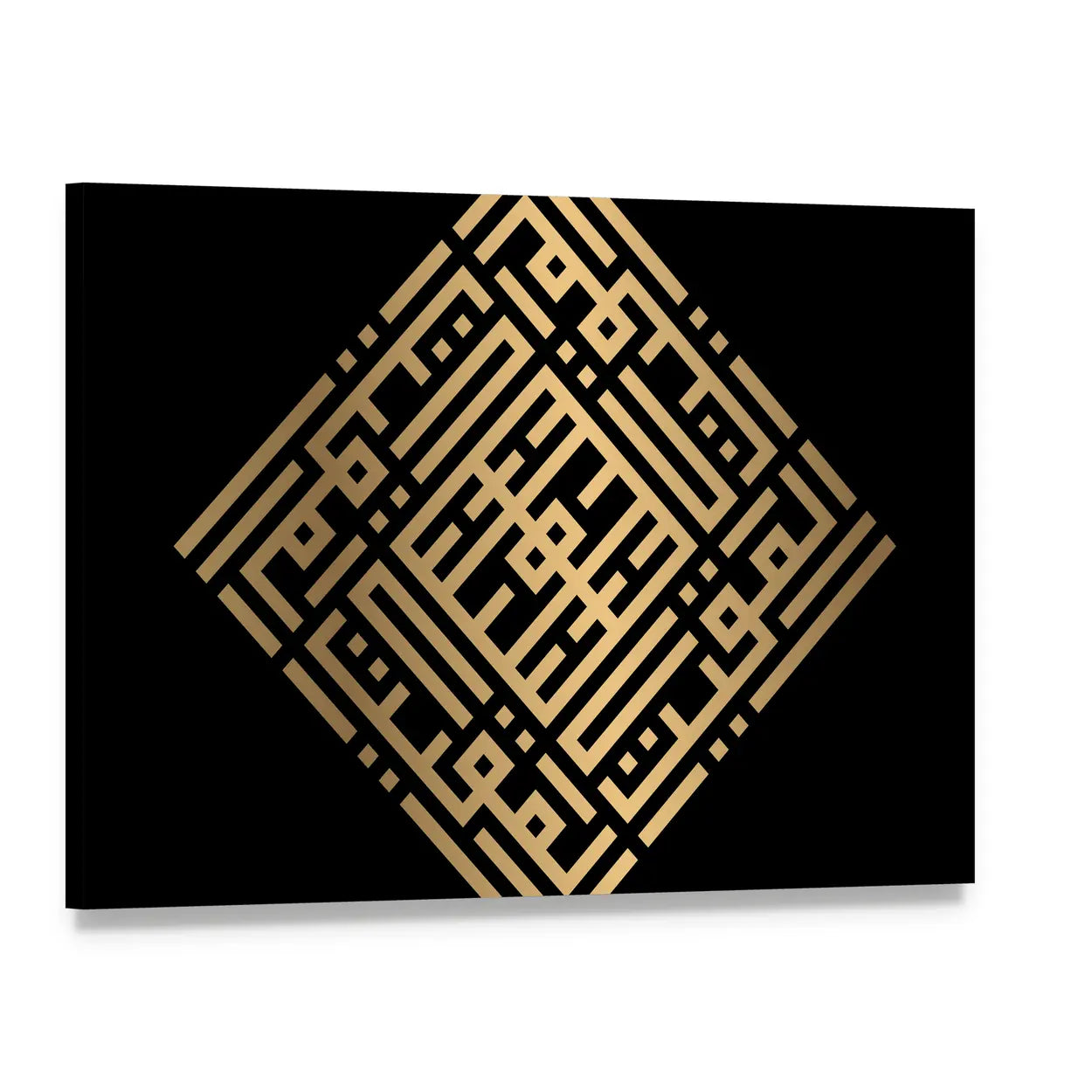 Al-muqiit Islamic Kufic Calligraphy Gold on Black Canvas Wall Art, single panel gallery wrapped canvas, angled product view