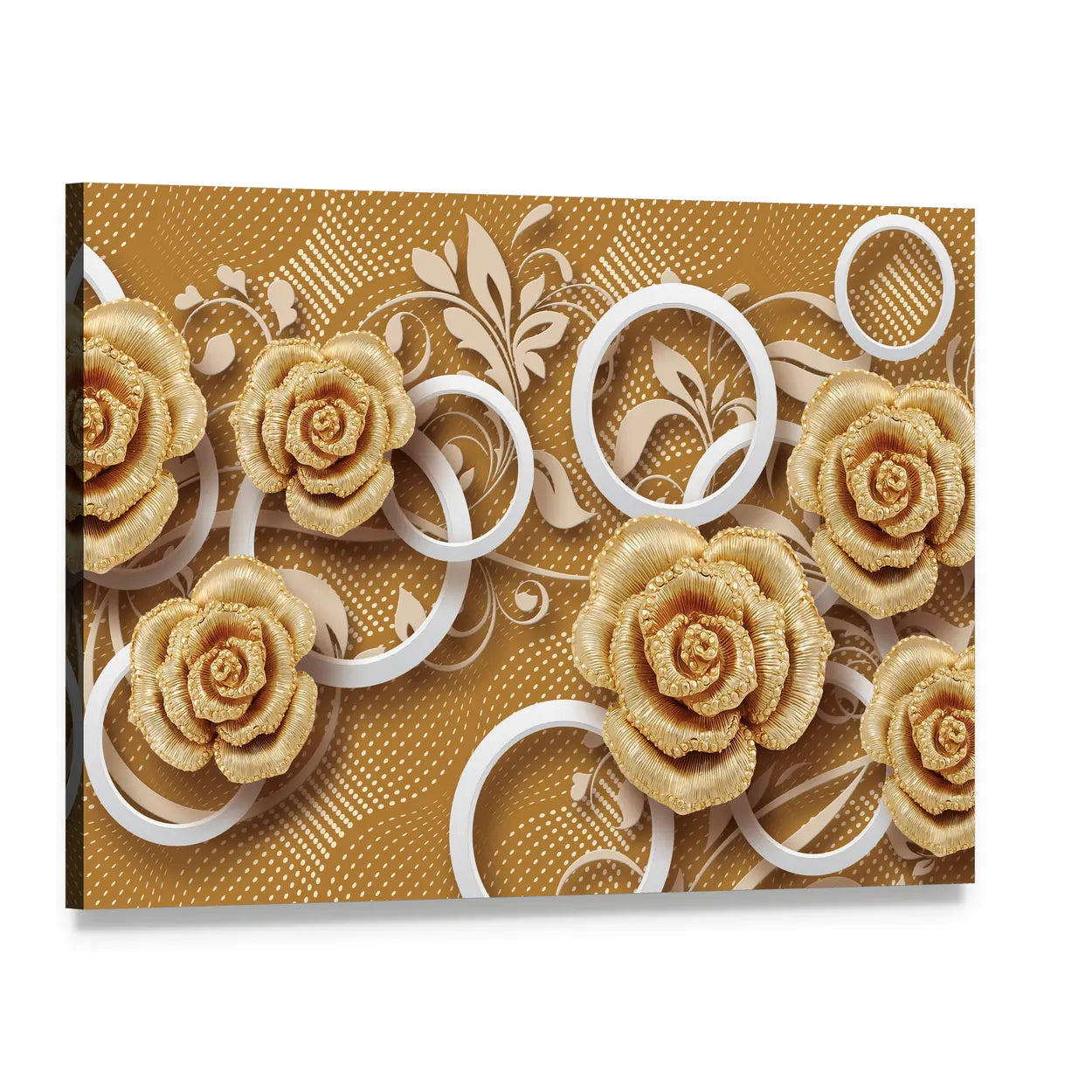 3d Golden Rose Flower Canvas Wall Art, single panel gallery wrapped canvas, angled product view