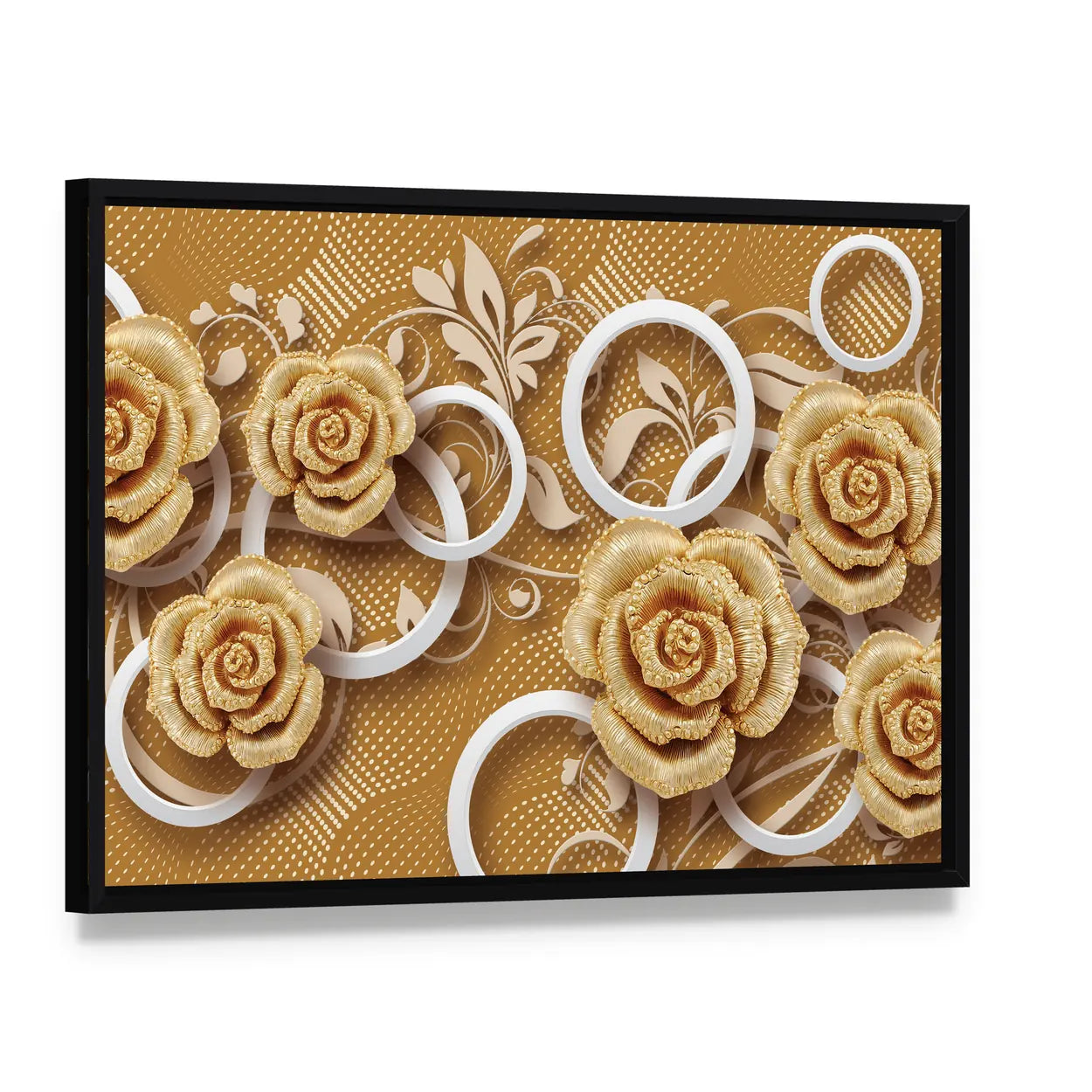 3d Golden Rose Flower Canvas Wall Art, framed canvas in a black floater frame, angled product view