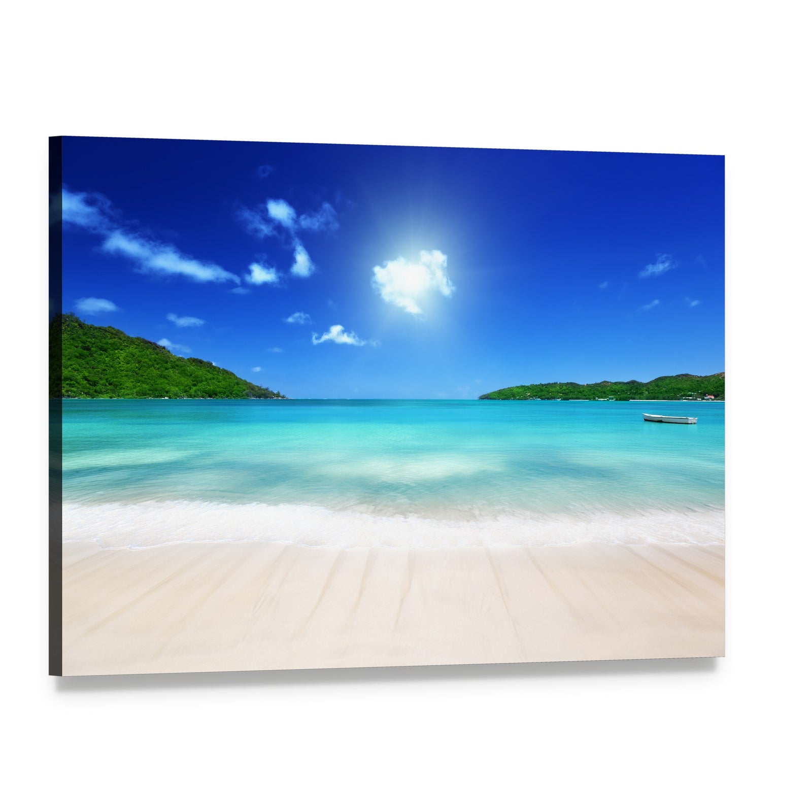 Tropical Beach at Praslin Island Canvas Wall Art, single panel gallery wrapped canvas, angled product view