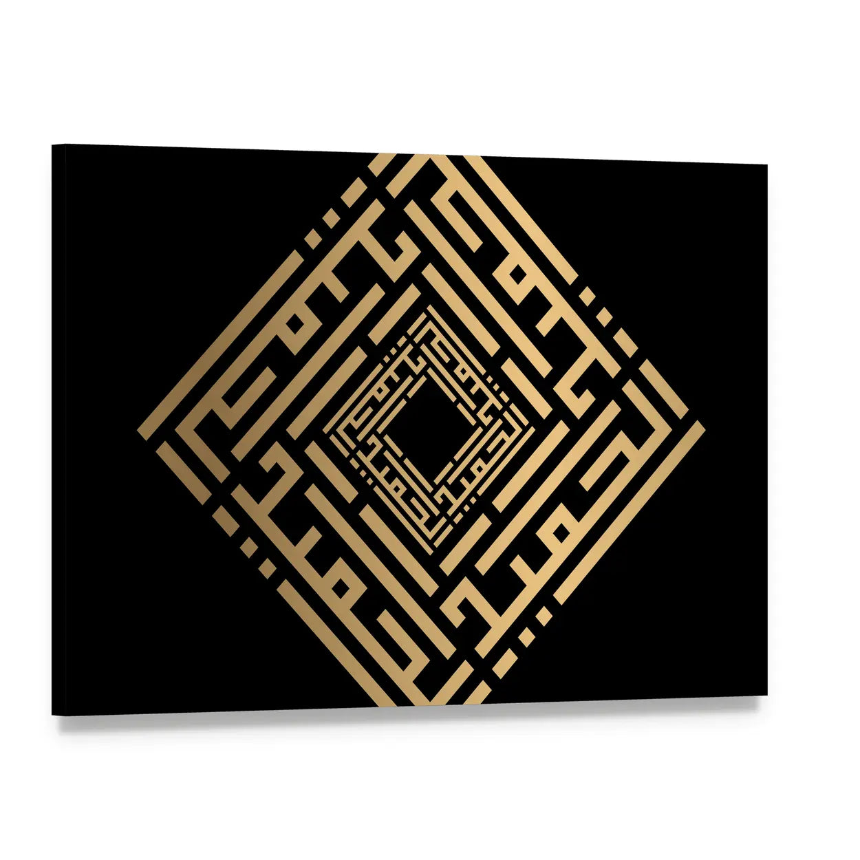 Al-hamiid Gold Square Kufic Calligraphy Canvas Wall Art, single panel gallery wrapped canvas, angled product view