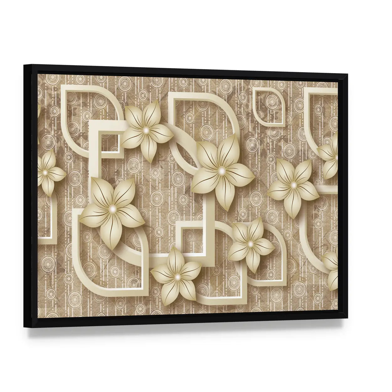 3d Stylized Flowers with Geometric Frames Canvas Wall Art, framed canvas in a black floater frame, angled product view