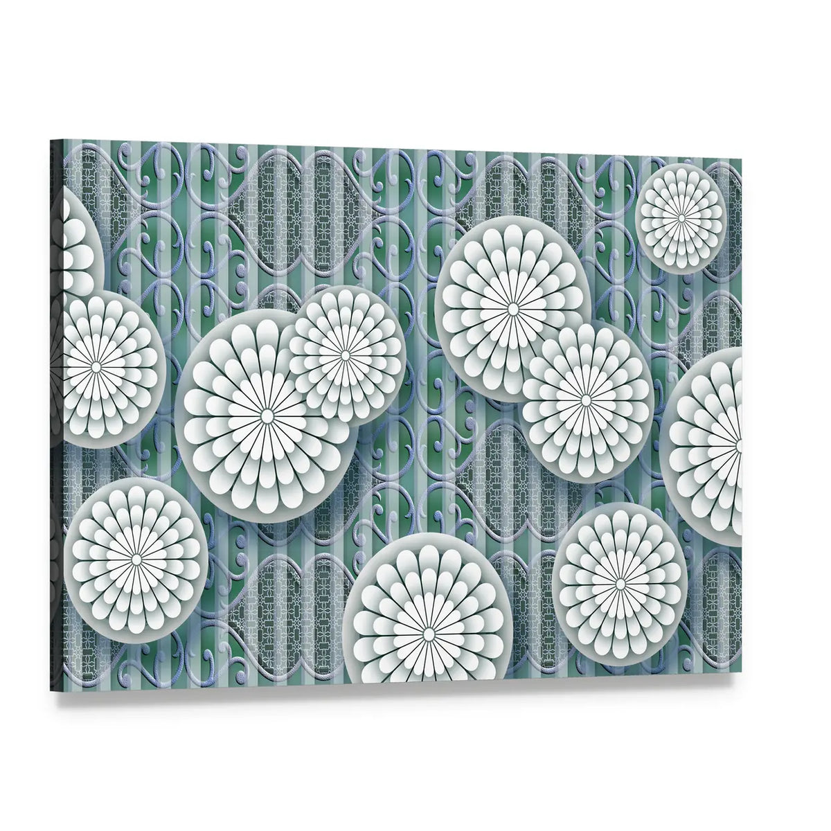3d White Floral Mural Canvas Wall Art, single panel gallery wrapped canvas, angled product view
