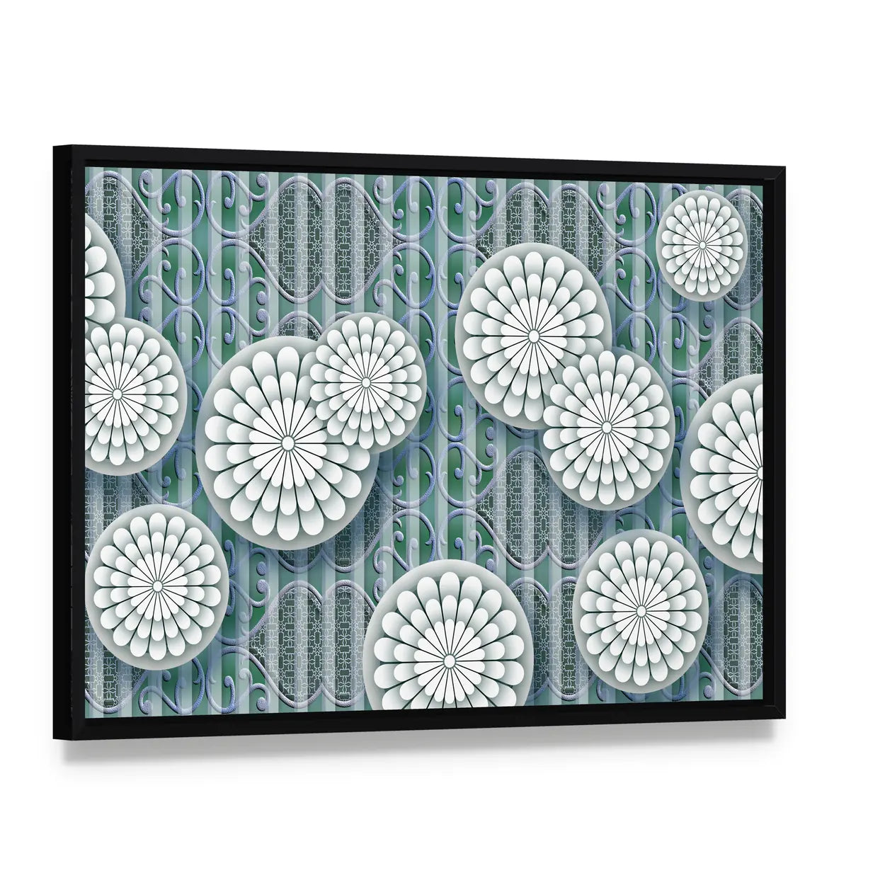 3d White Floral Mural Canvas Wall Art, framed canvas in a black floater frame, angled product view