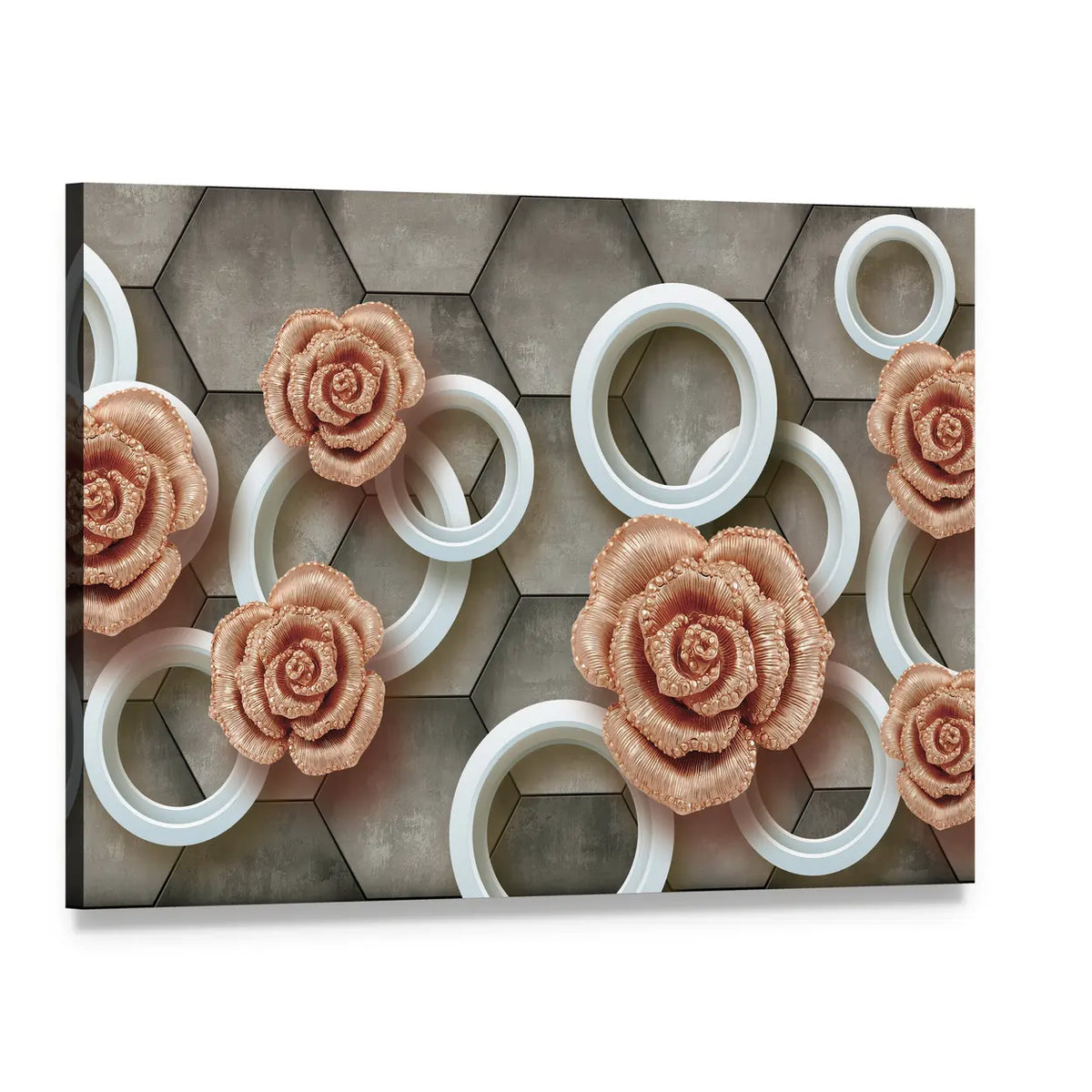 Rose-gold Roses on 3d Tiles Canvas Wall Art, single panel gallery wrapped canvas, angled product view