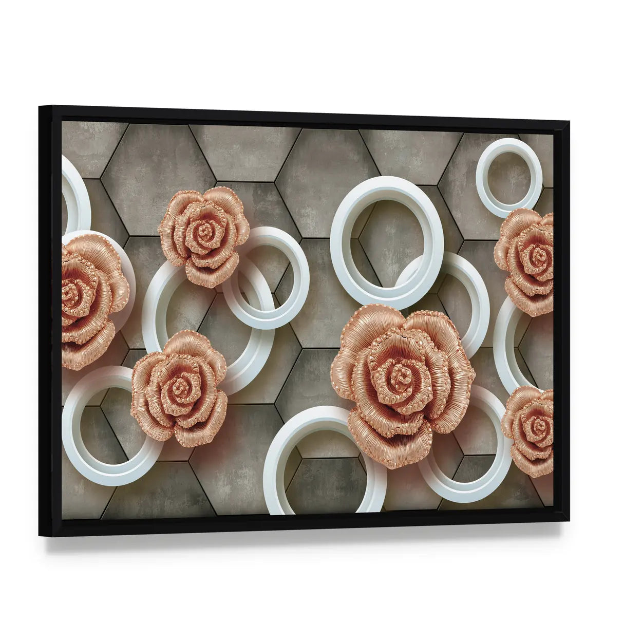 Rose-gold Roses on 3d Tiles Canvas Wall Art, framed canvas in a black floater frame, angled product view