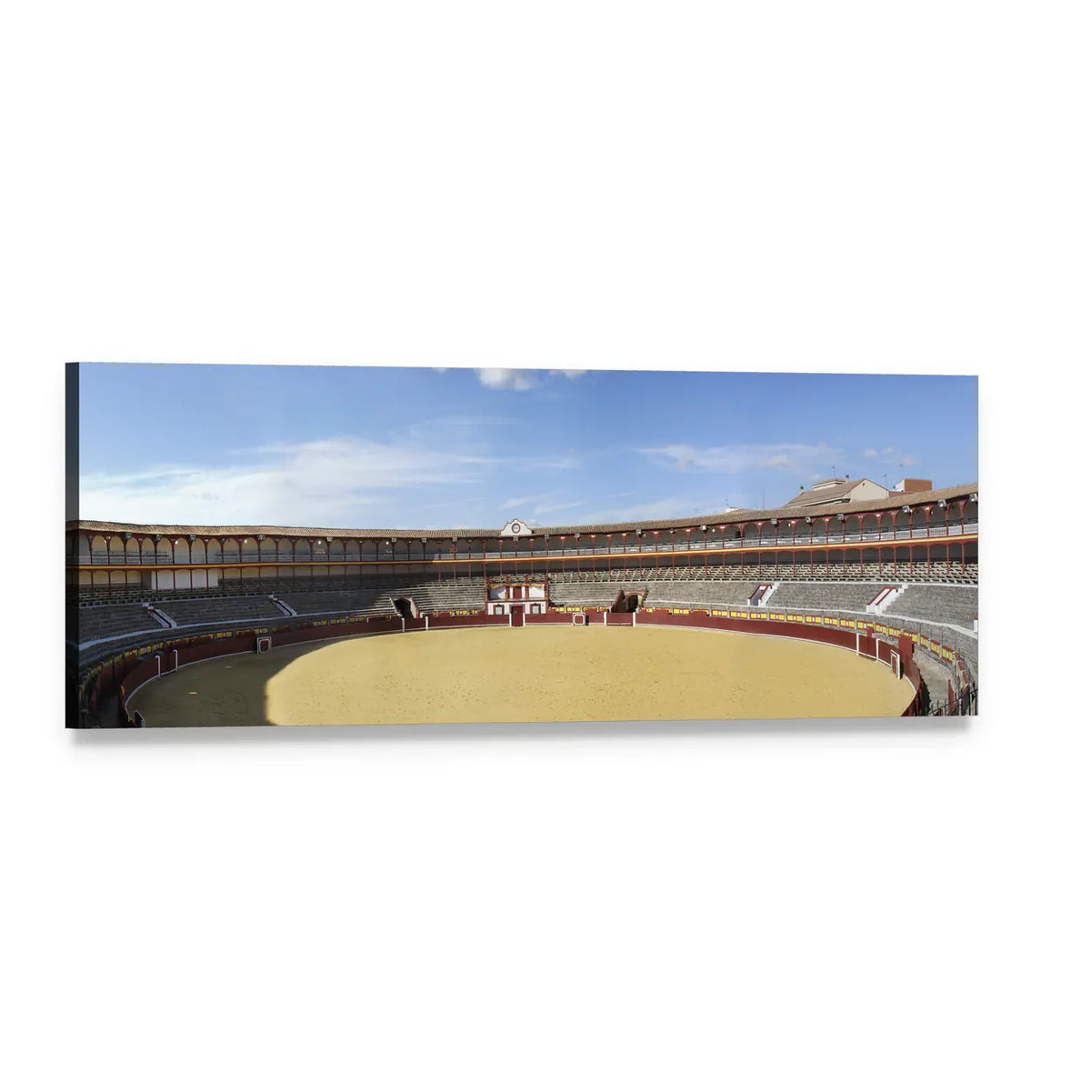 Empty Bullring with Red Arena Barriers Panoramic Canvas Wall Art, single panel gallery wrapped canvas, angled product view
