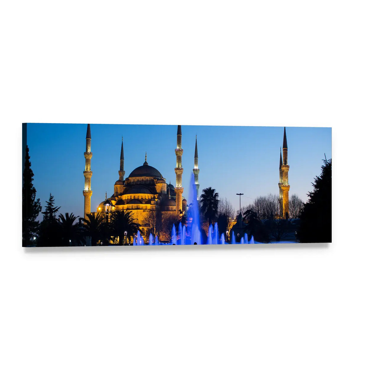 Blue Mosque with Illuminated Fountains Panoramic Canvas Wall Art, single panel gallery wrapped canvas, angled product view