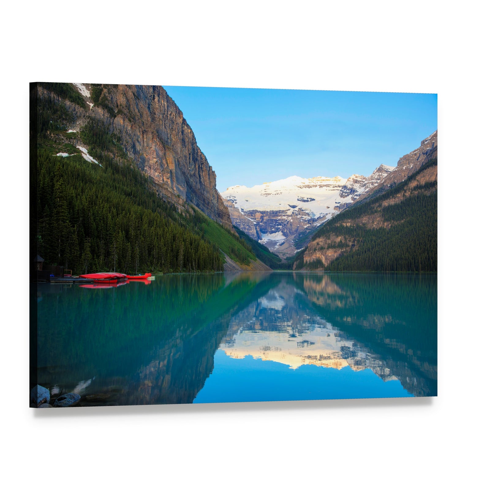 Lake Louise with Red Canoe Canvas Wall Art, single panel gallery wrapped canvas, angled product view