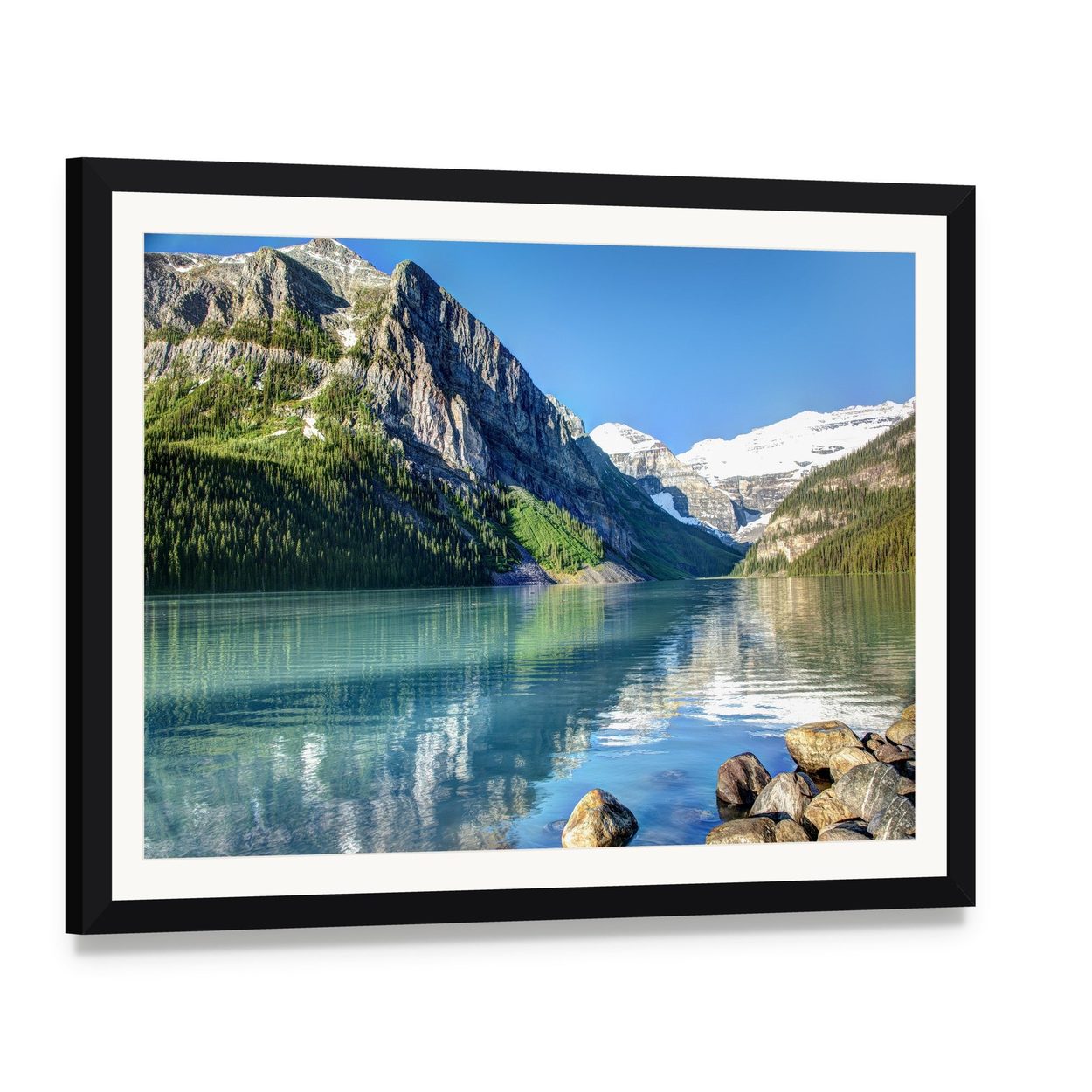 Lake Louise Mountain Reflections Canvas Wall Art, framed print with white mat and black frame, angled product view