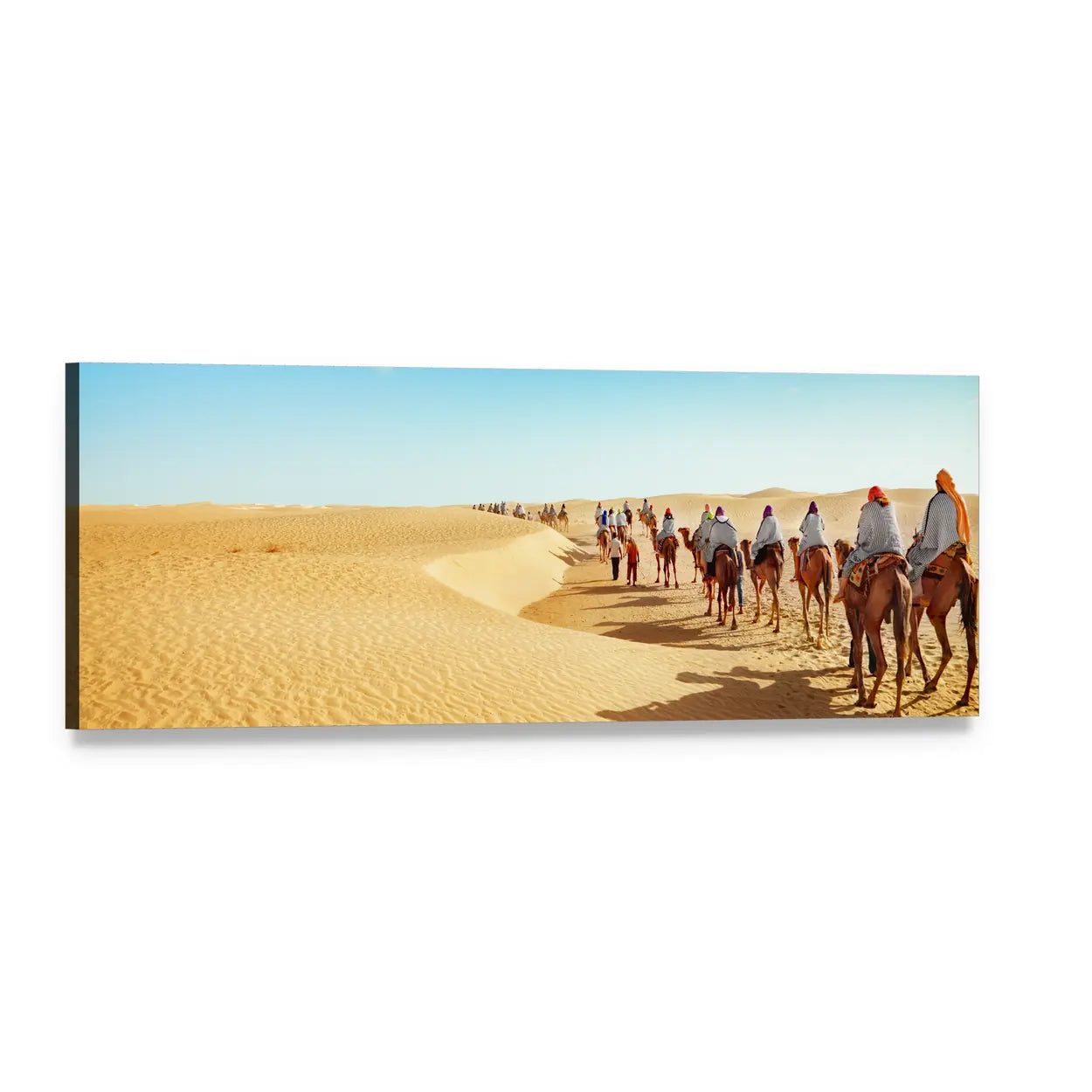 Camel Caravan in the Sahara Desert Panoramic Canvas Wall Art, single panel gallery wrapped canvas, angled product view