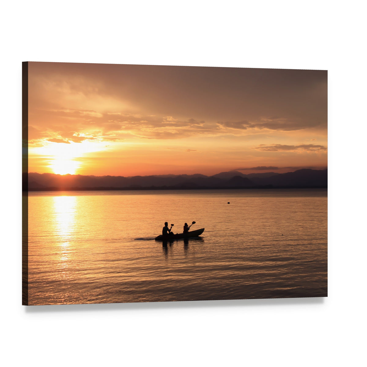 Two Kayakers Silhouetted at Sunset Canvas Wall Art, single panel gallery wrapped canvas, angled product view