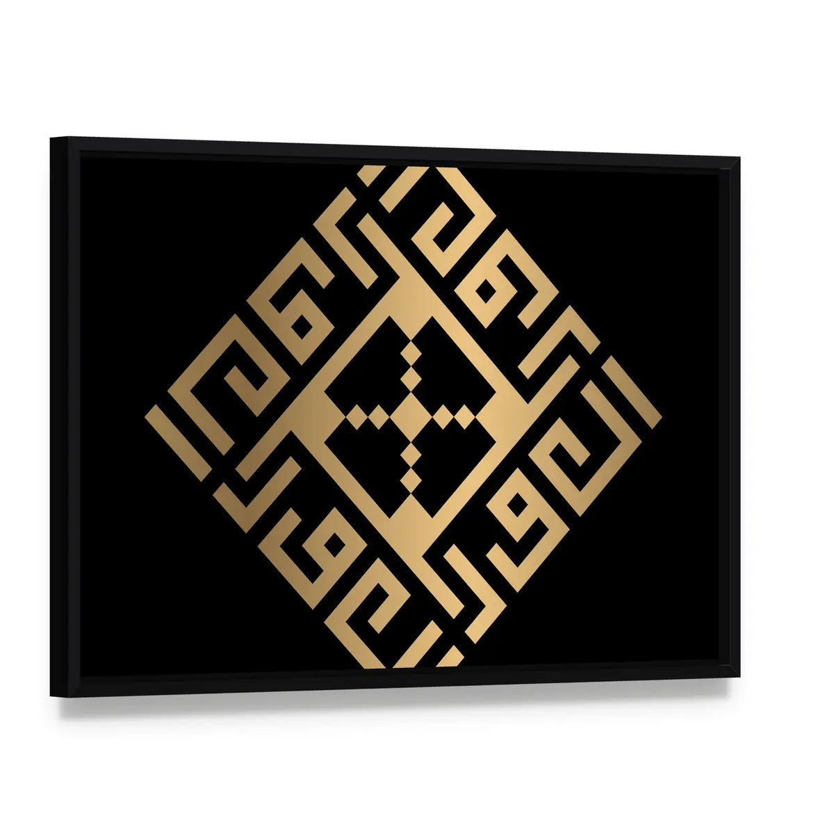 Al-awwal Square Kufic Calligraphy Canvas Wall Art, framed canvas in a black floater frame, angled product view