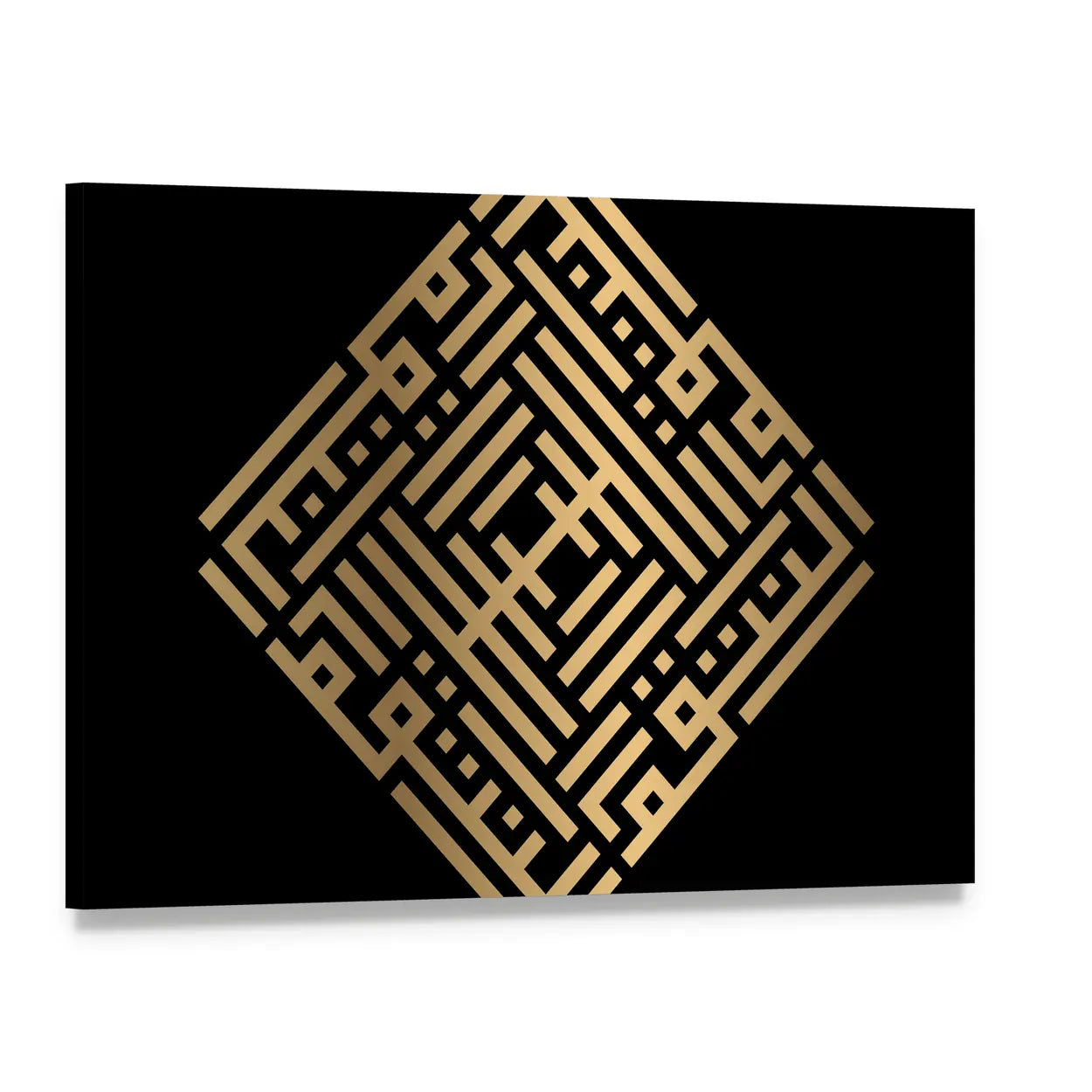 Al-muntaqim Square Kufic Calligraphy Gold on Black Canvas Wall Art, single panel gallery wrapped canvas, angled product view