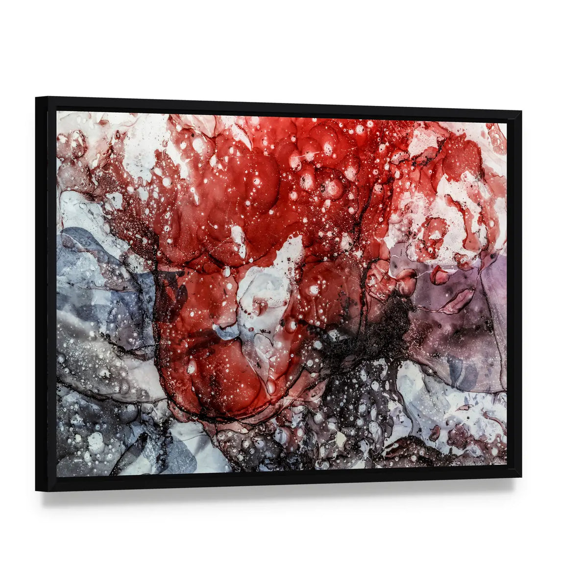 Textured Red Fluid Abstract Canvas Wall Art, framed canvas in a black floater frame, angled product view
