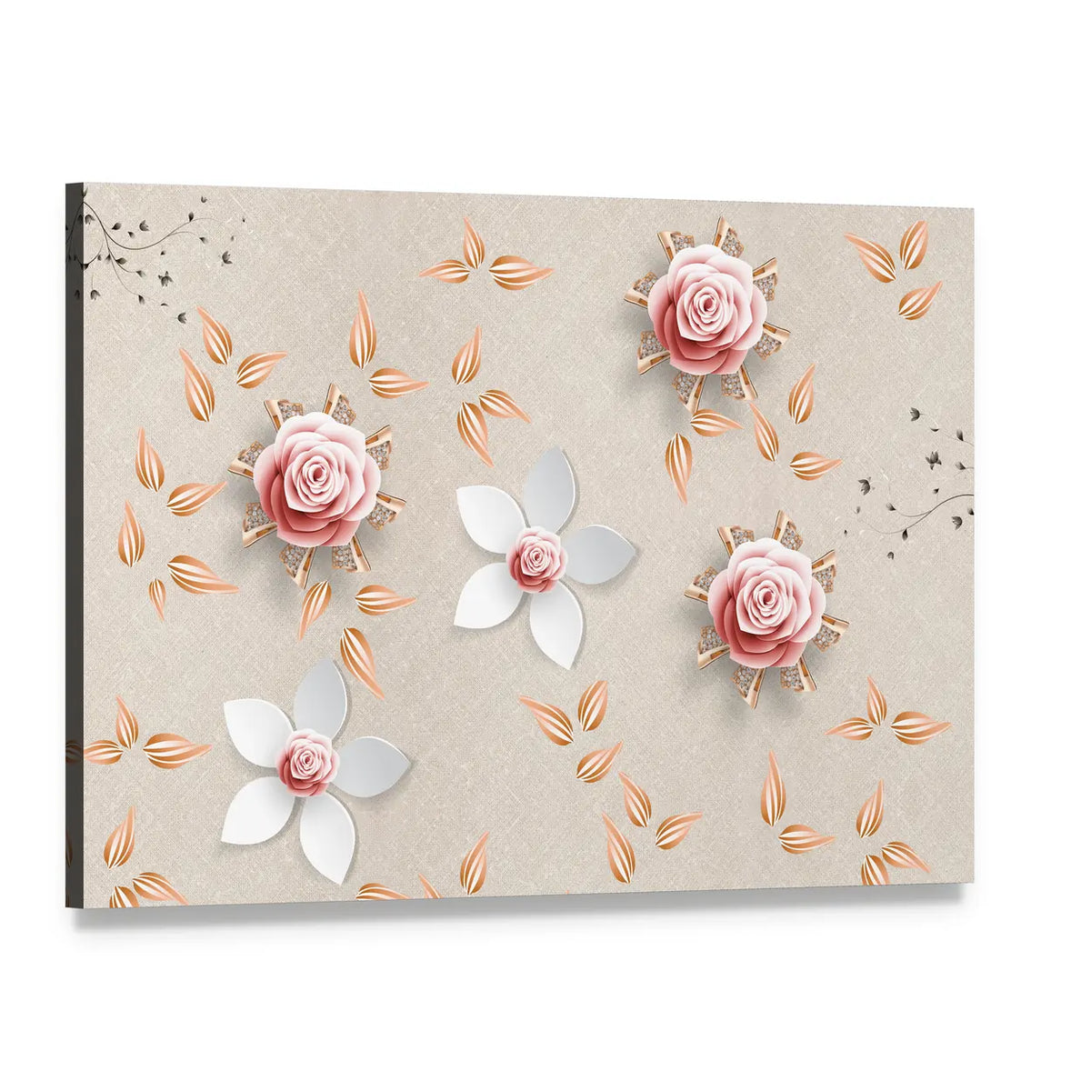 3d Stylized Pink Roses and White Flowers Canvas Wall Art, single panel gallery wrapped canvas, angled product view