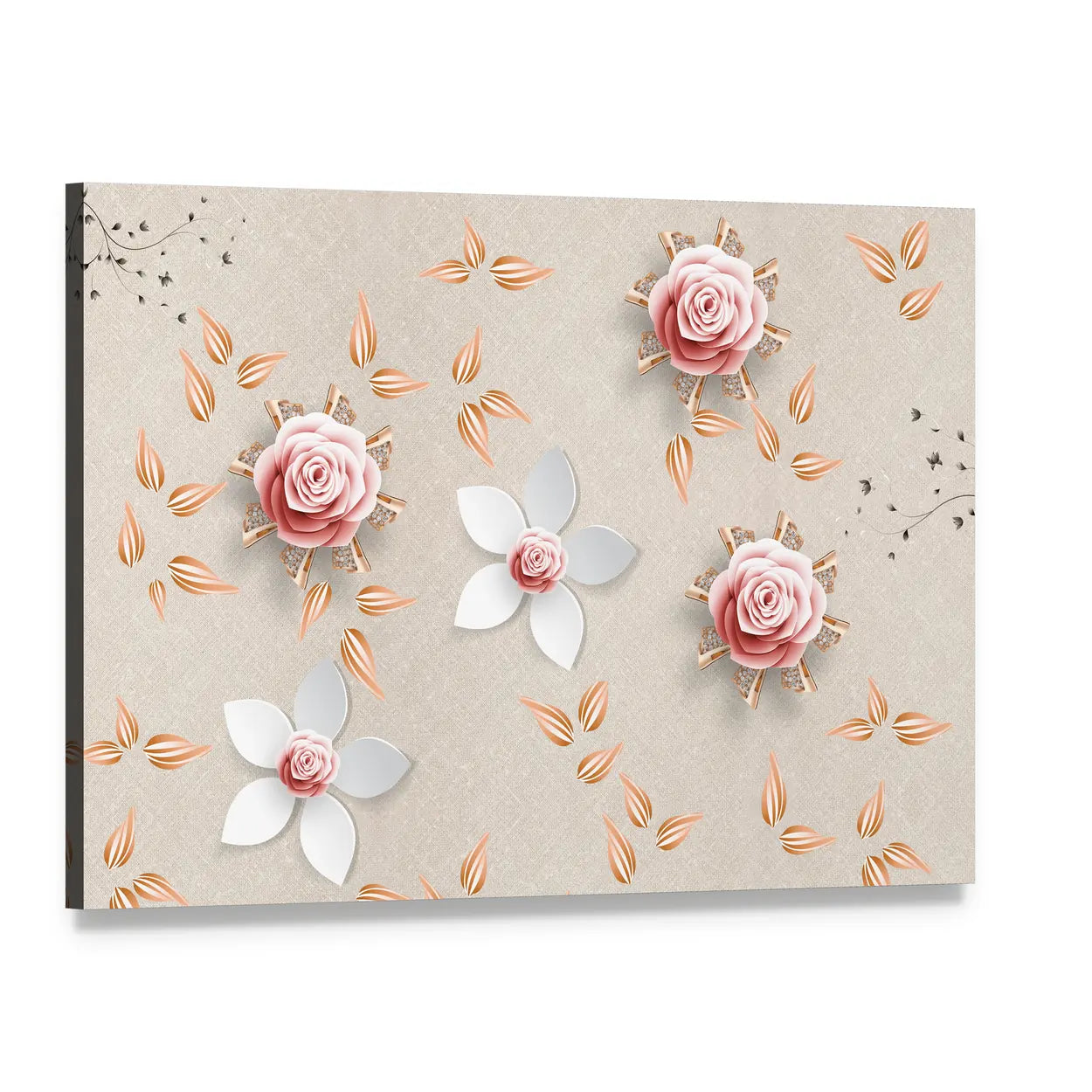 3d Stylized Pink Roses and White Flowers Canvas Wall Art, single panel gallery wrapped canvas, angled product view
