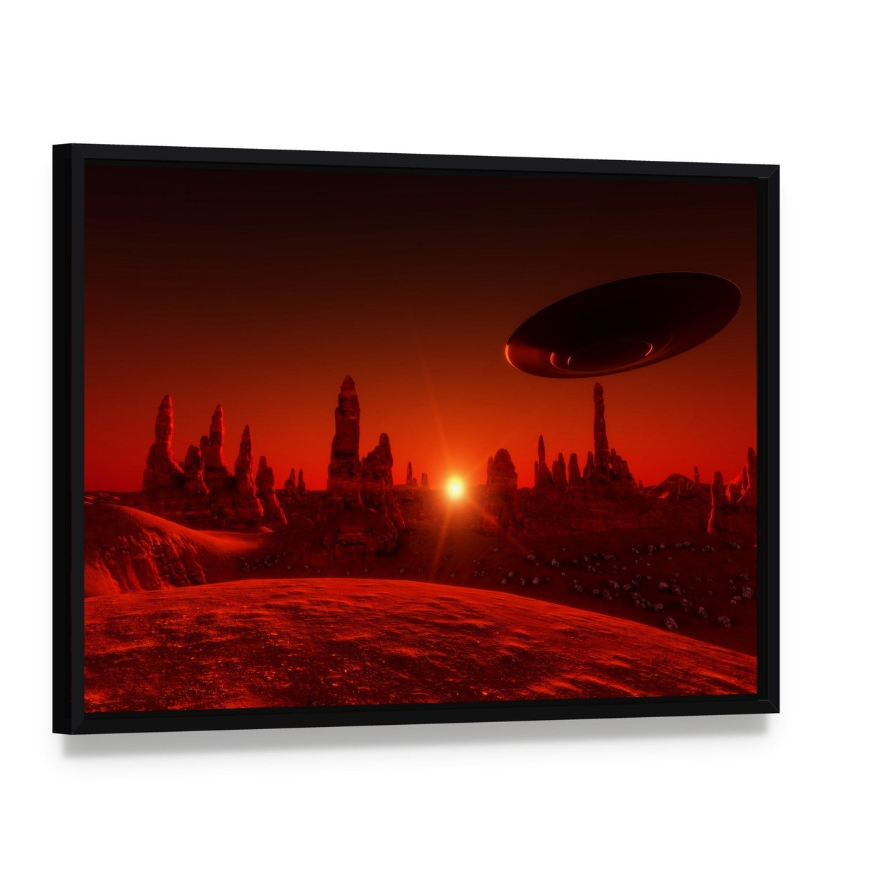 Mars Sunset with Ufo Canvas Wall Art, framed canvas in a black floater frame, angled product view
