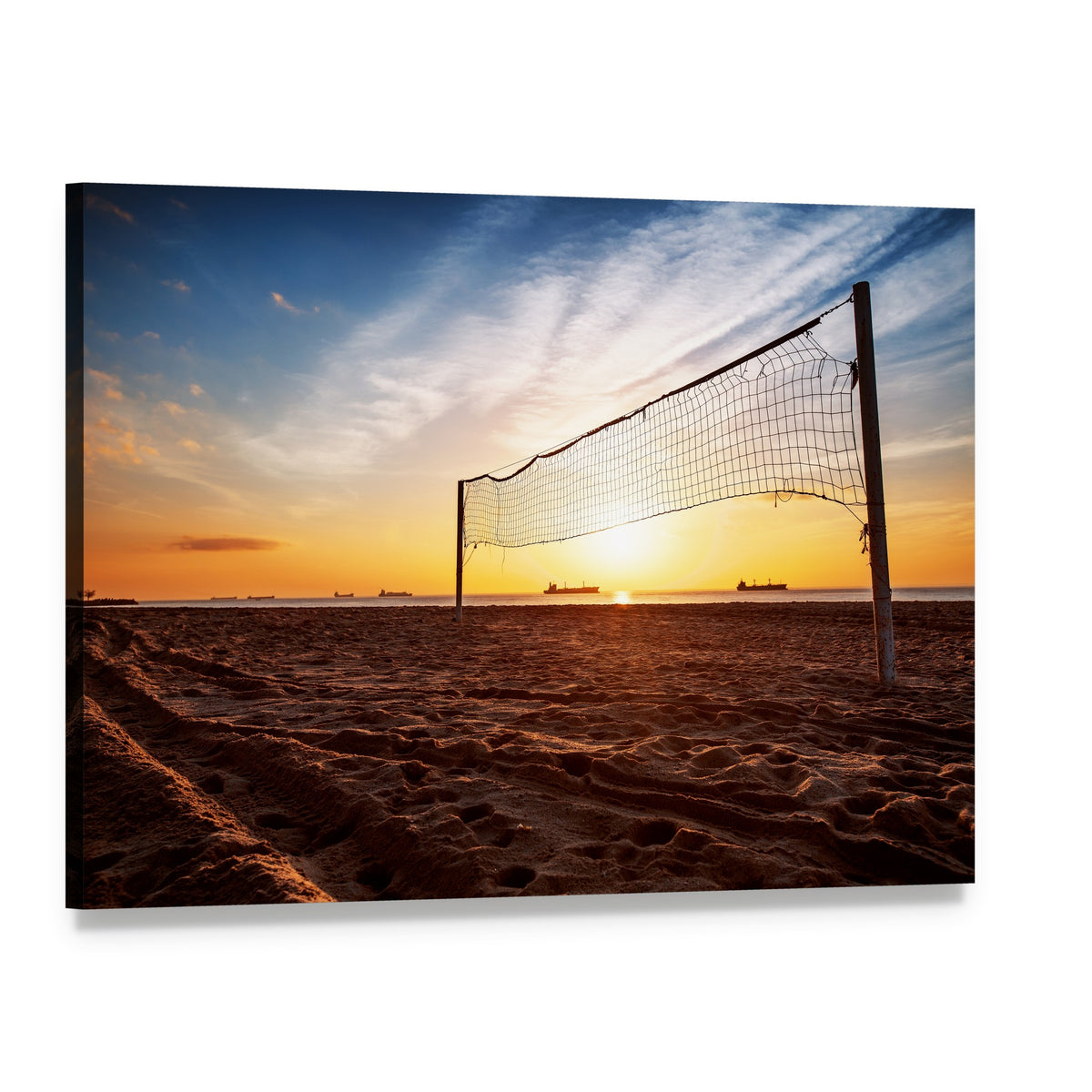 Silhouette of a Volleyball Net and Sunrise on the Beach Canvas Wall Art, single panel gallery wrapped canvas, angled product view