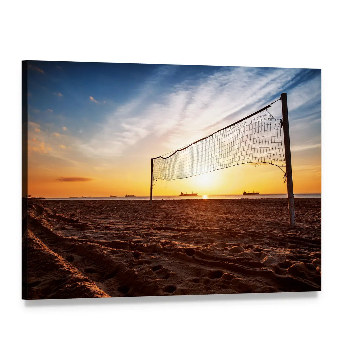 Beach Volleyball Net at Sunset Canvas Wall Art, single panel gallery wrapped canvas, angled product view