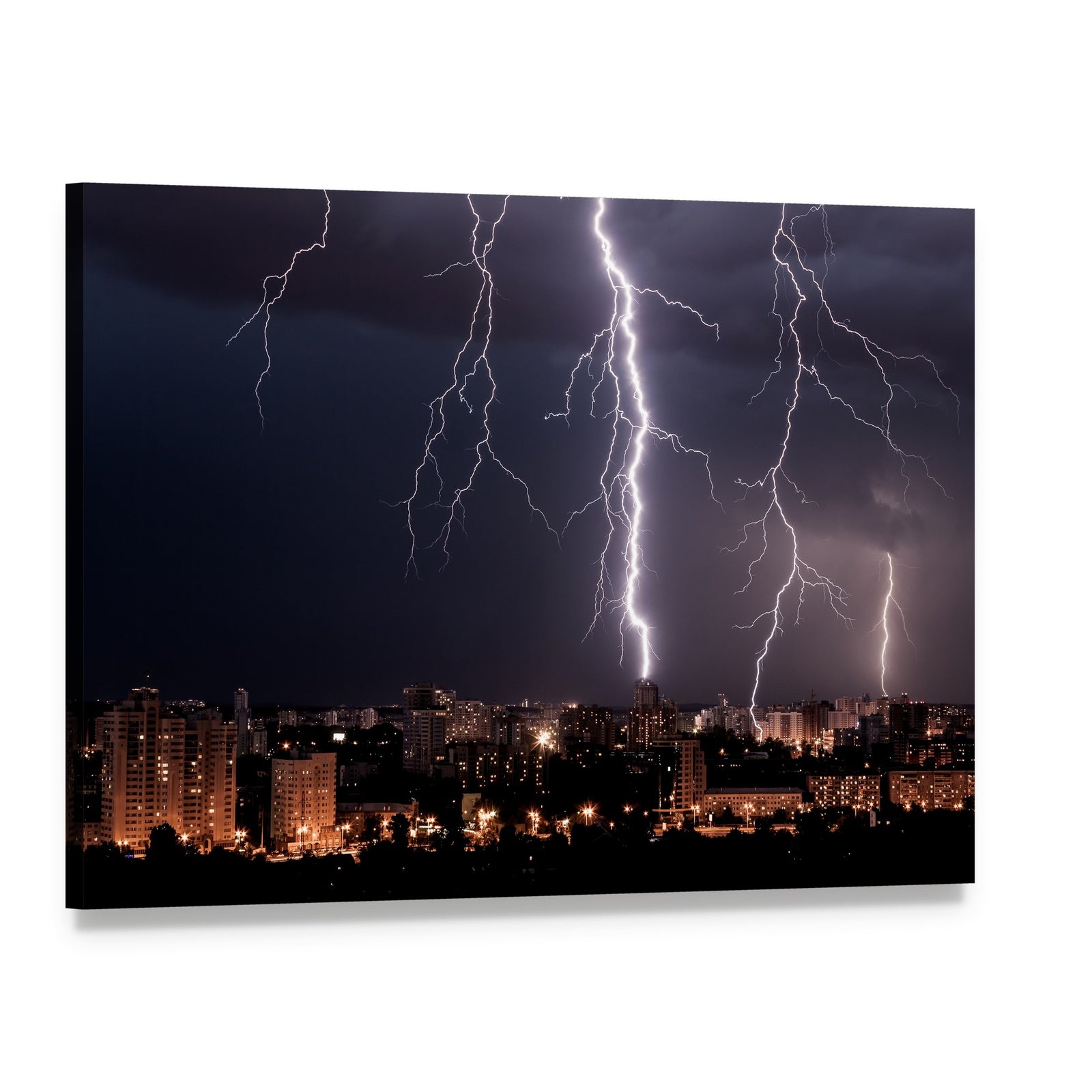 Lightning Storm Over City at Night Canvas Wall Art, single panel gallery wrapped canvas, angled product view