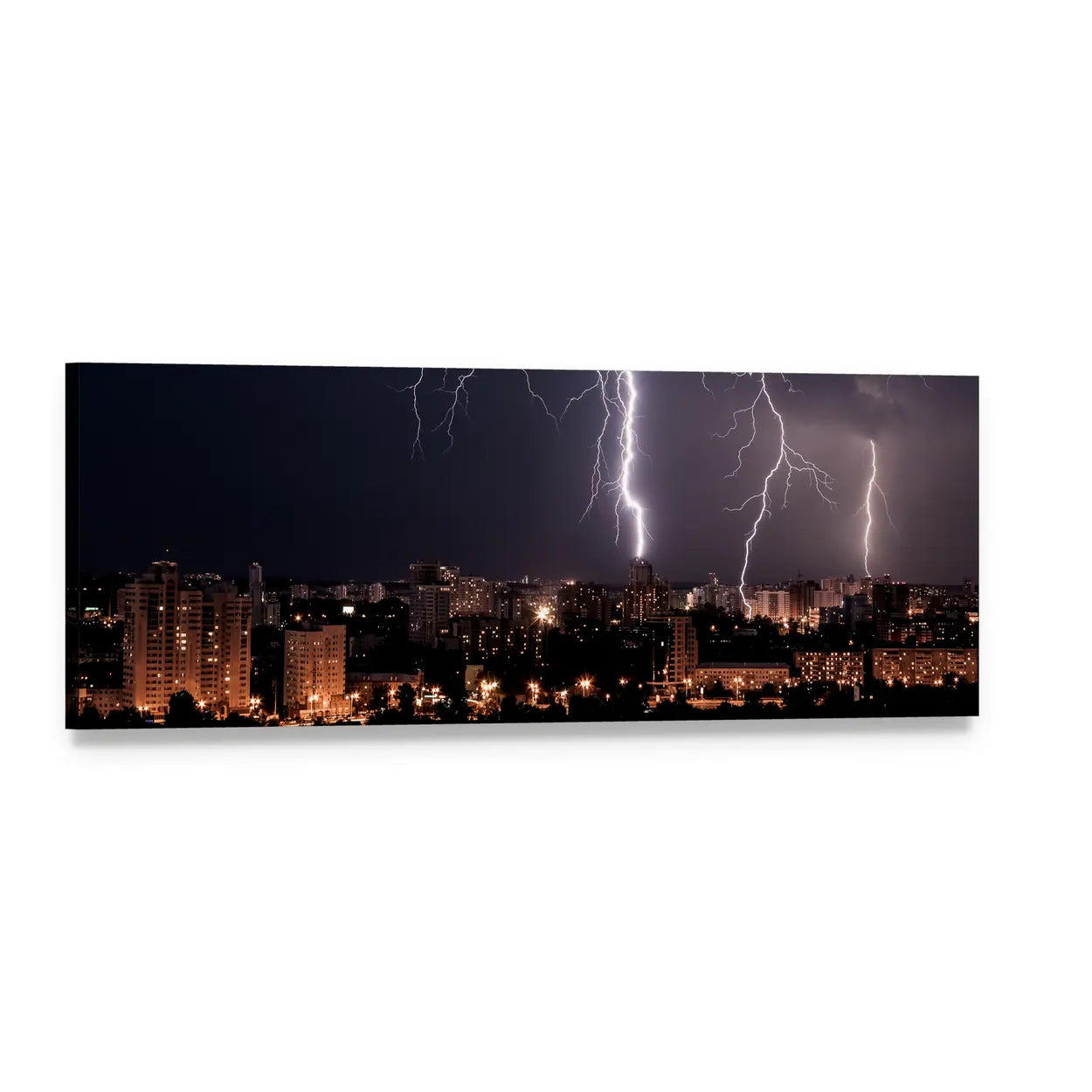 Lightning Storm Over City Skyline Panoramic Canvas Wall Art, single panel gallery wrapped canvas, angled product view