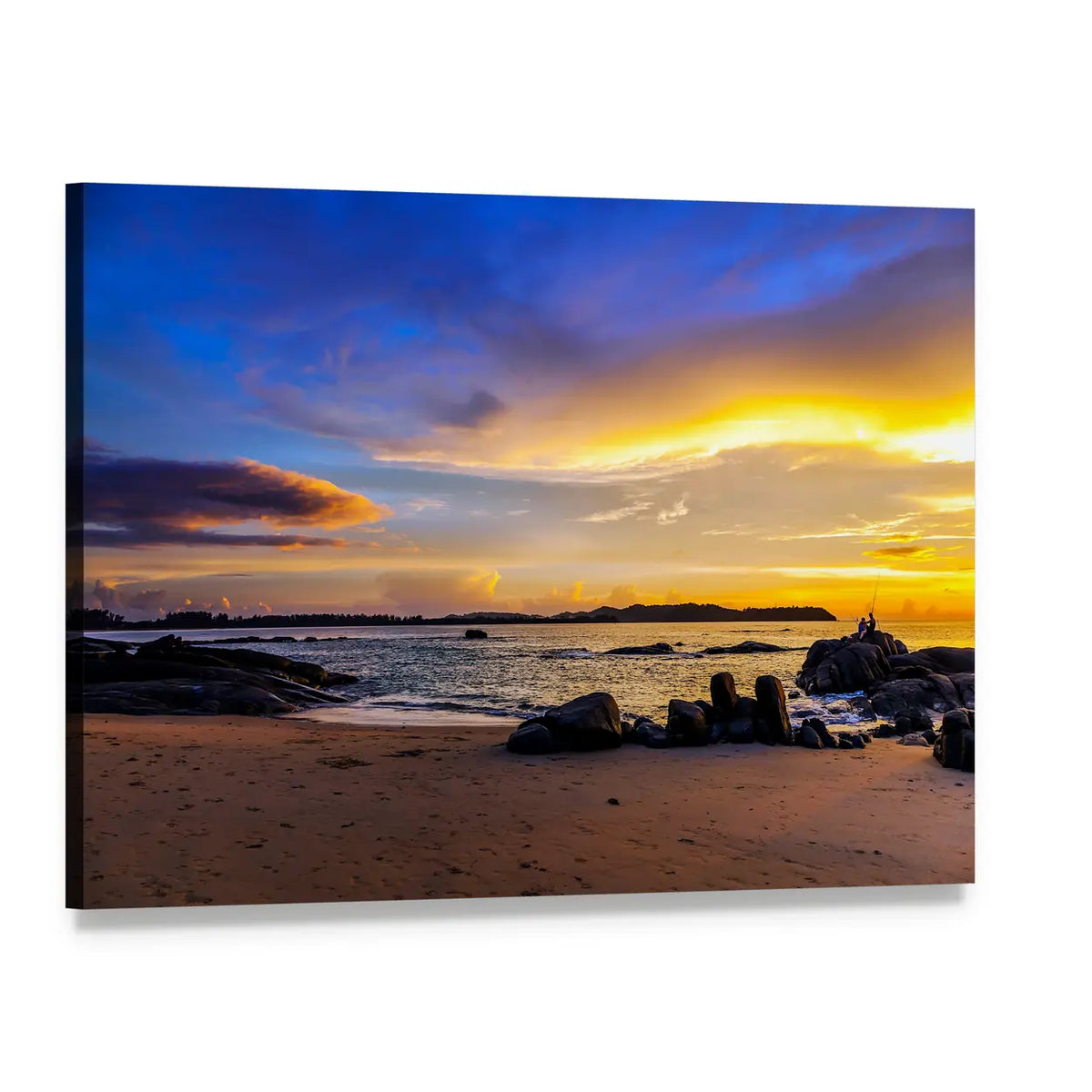 Rocky Beach Sunset with Dramatic Clouds Canvas Wall Art, single panel gallery wrapped canvas, angled product view