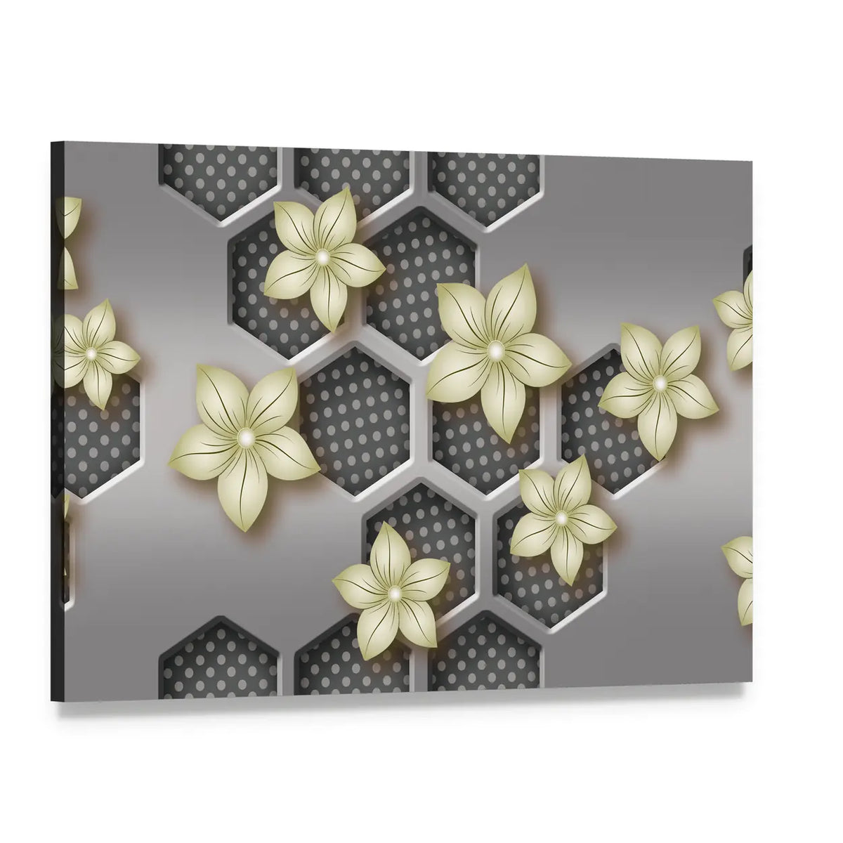 3d Geometric Flower with Honeycomb Pattern Canvas Wall Art, single panel gallery wrapped canvas, angled product view