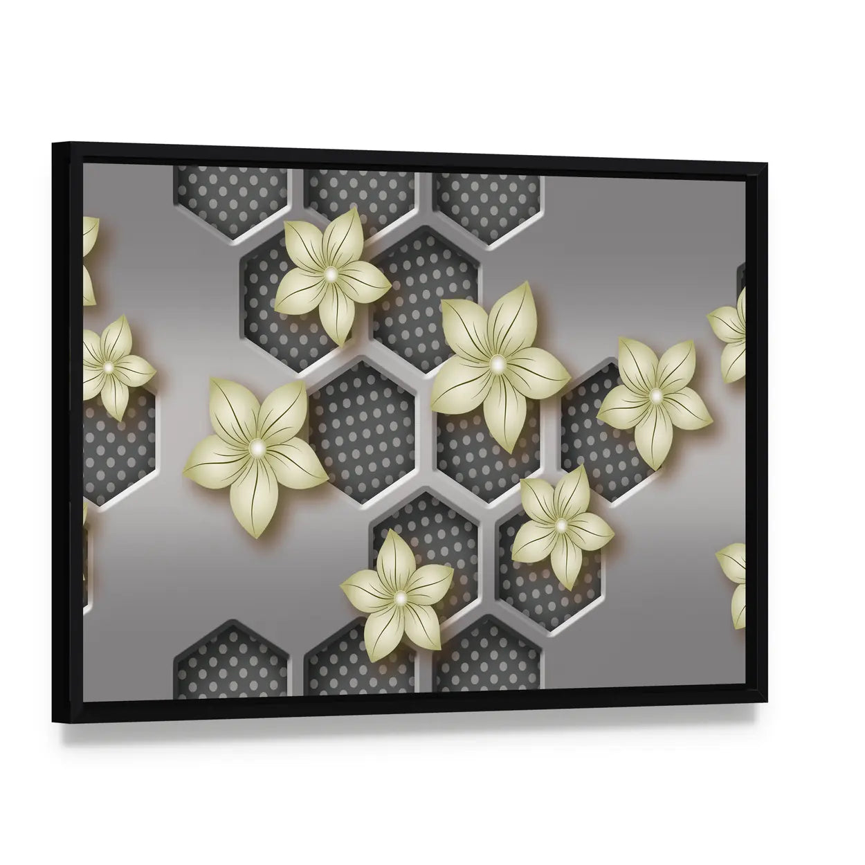 3d Geometric Flower with Honeycomb Pattern Canvas Wall Art, framed canvas in a black floater frame, angled product view