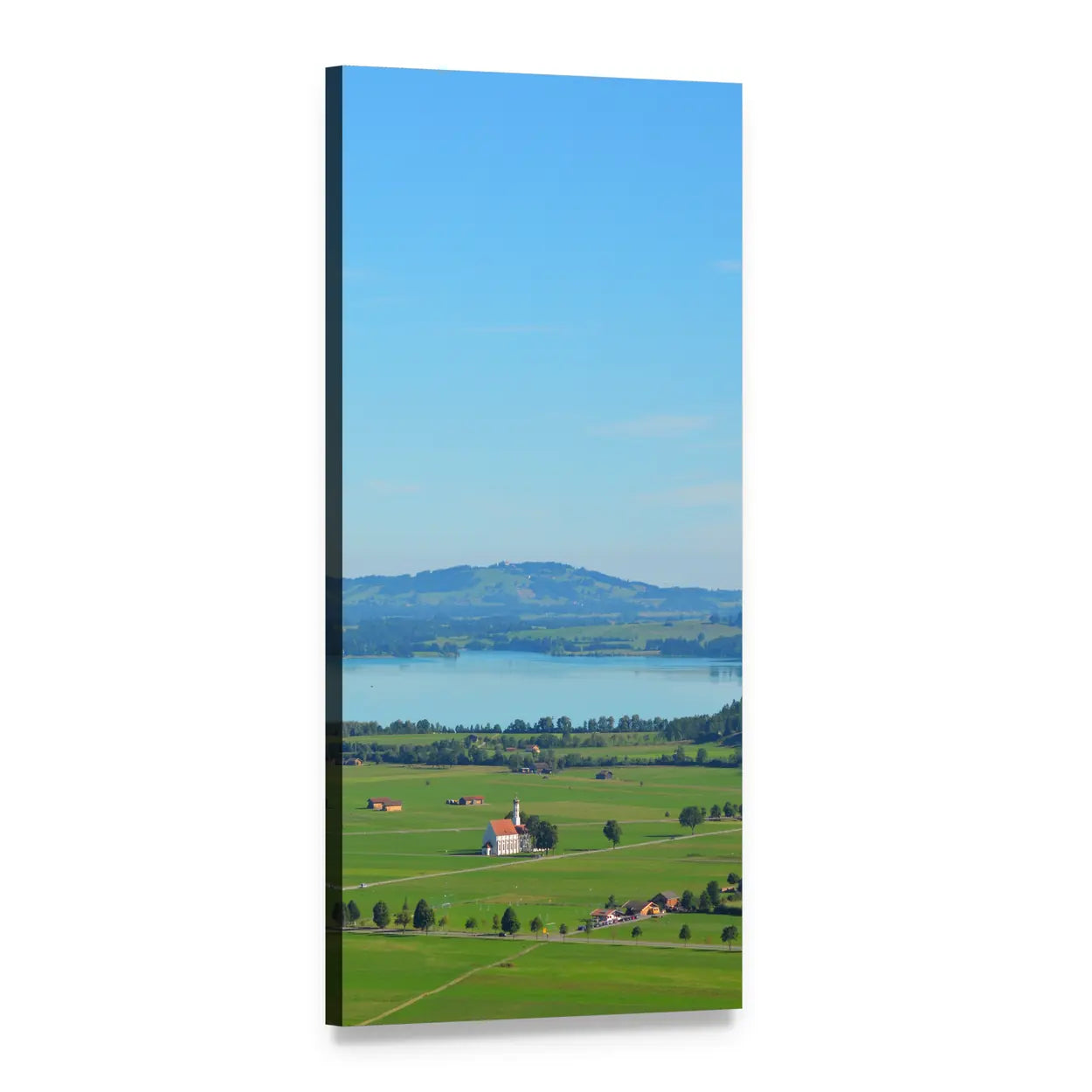 Countryside Fields and Lake Vertical Canvas Wall Art, 1 panel 1 Vertical layout gallery wrapped canvas set, angled product view