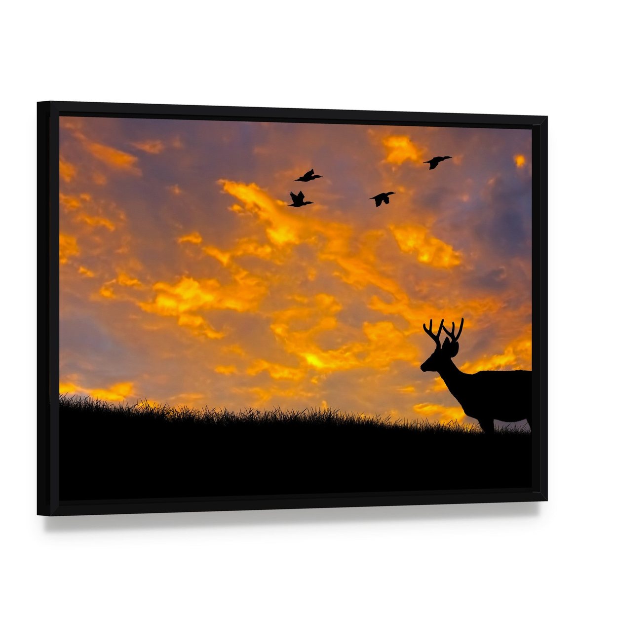 Silhouette of Deer Canvas Wall Art, framed canvas in a black floater frame, angled product view