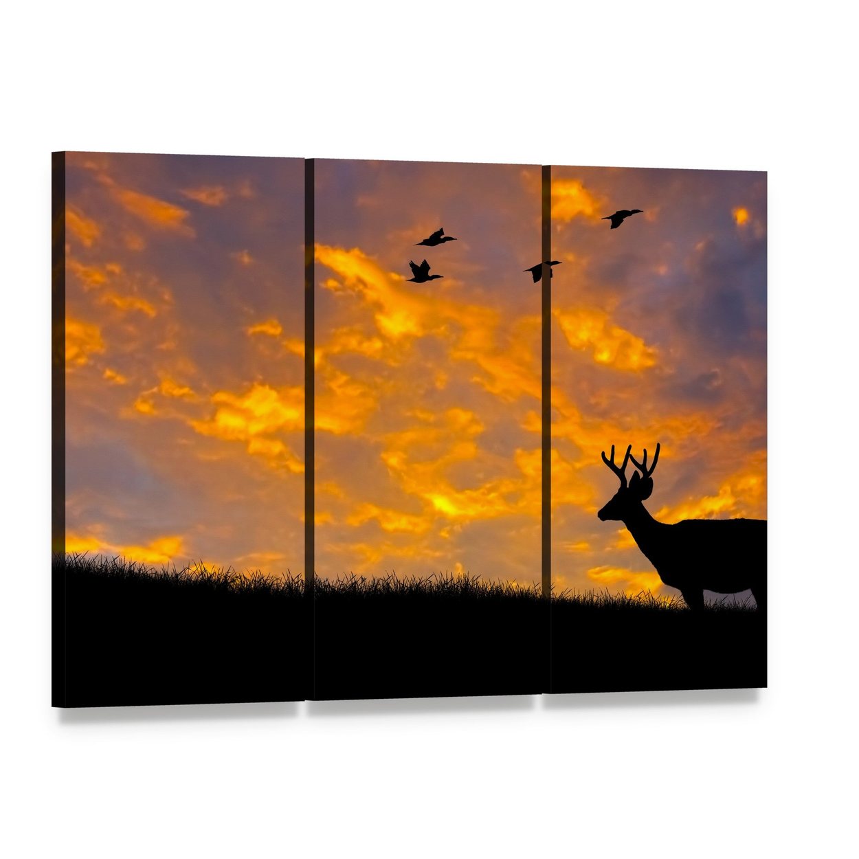 Silhouette of Deer Canvas Wall Art, 3 panel 3 Horizontal layout gallery wrapped canvas set, angled product view