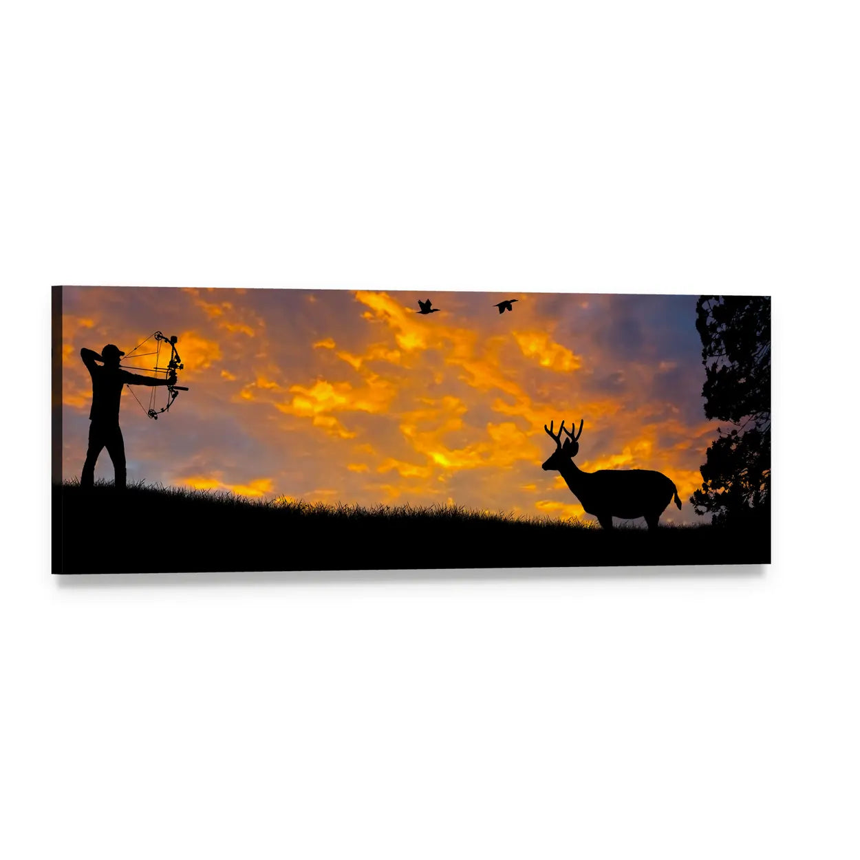 Hunter and Deer Silhouette at Sunset Panoramic Canvas Wall Art, single panel gallery wrapped canvas, angled product view