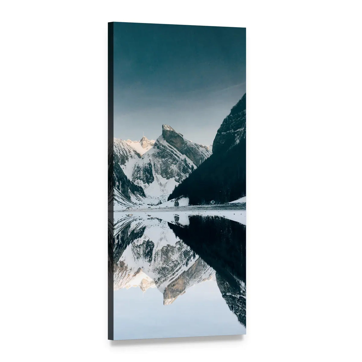 Cold Lake with Snow-capped Mountains Vertical Canvas Wall Art, 1 panel 1 Vertical layout gallery wrapped canvas set, angled product view