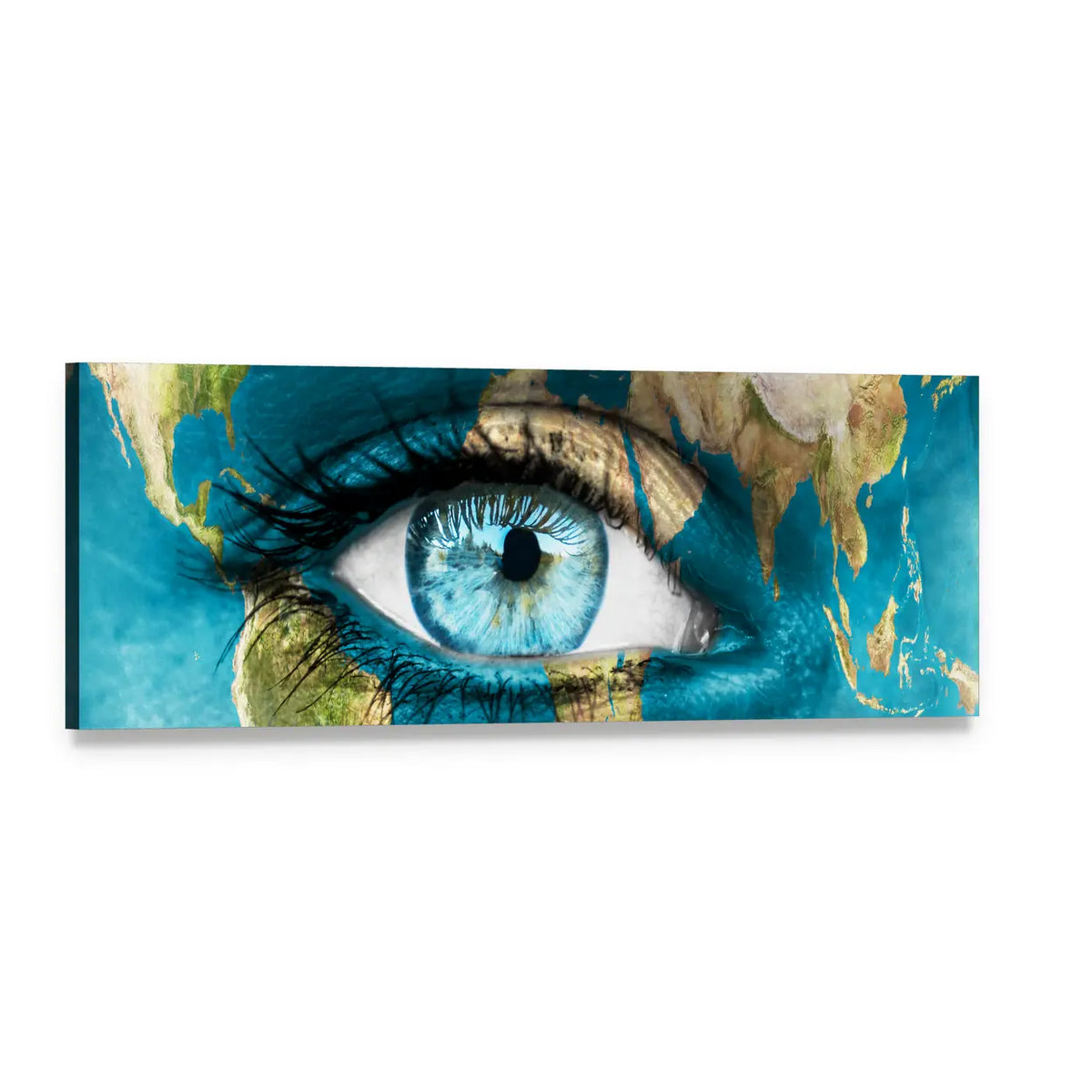 Earth Reflected in Blue Iris Panoramic Canvas Wall Art, single panel gallery wrapped canvas, angled product view