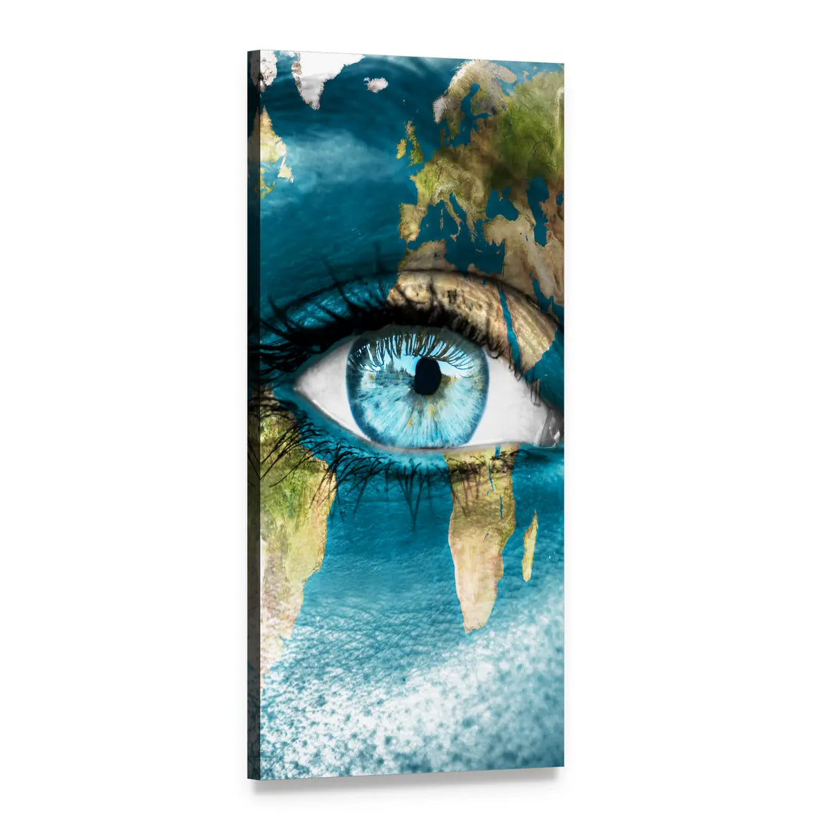 Blue Iris with Overlaid World Map Vertical Canvas Wall Art, 1 panel 1 Vertical layout gallery wrapped canvas set, angled product view