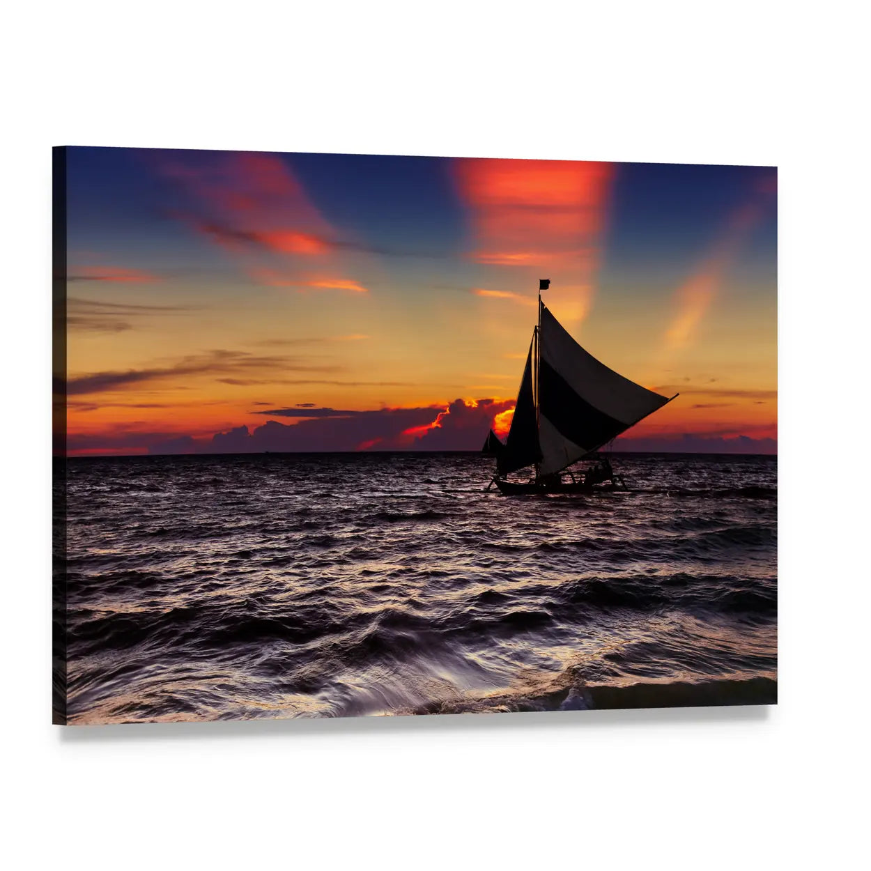 Sailboat at Tropical Sunset Canvas Wall Art, single panel gallery wrapped canvas, angled product view