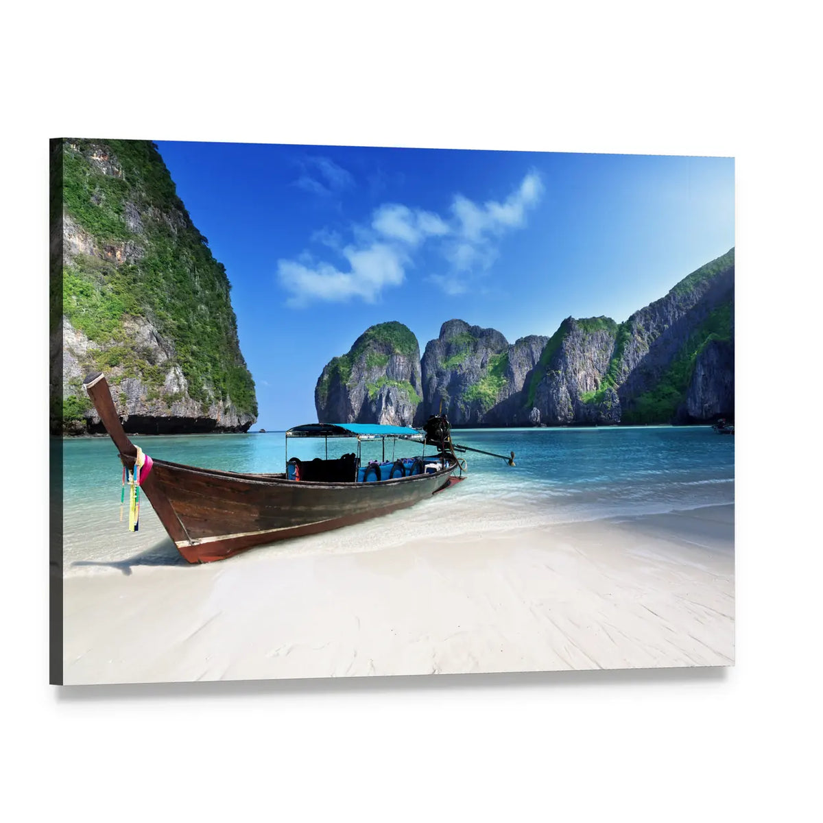 Longtail Boat at Maya Bay, Thailand Canvas Wall Art, single panel gallery wrapped canvas, angled product view